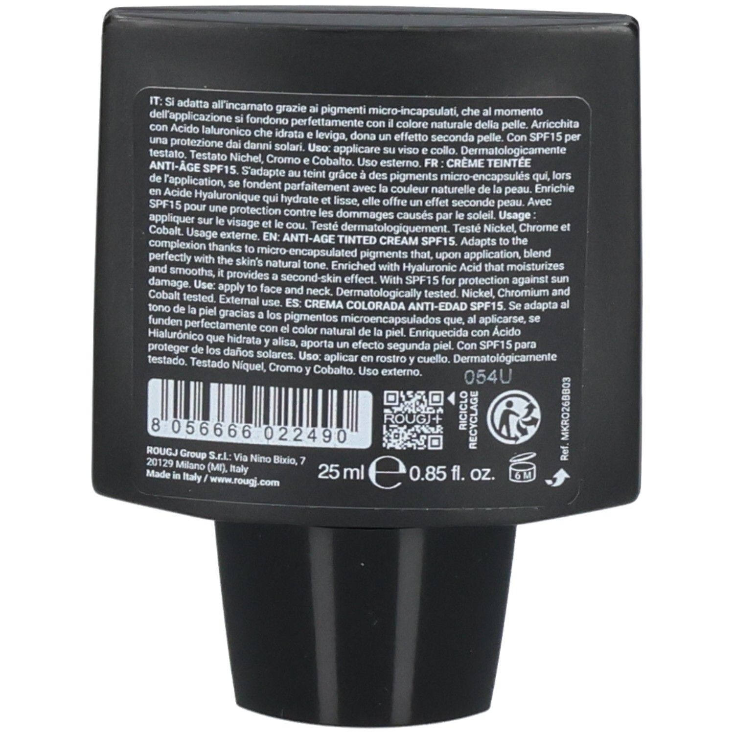 Pot noir avec informations produit et code-barres. Contient 25 ml.
