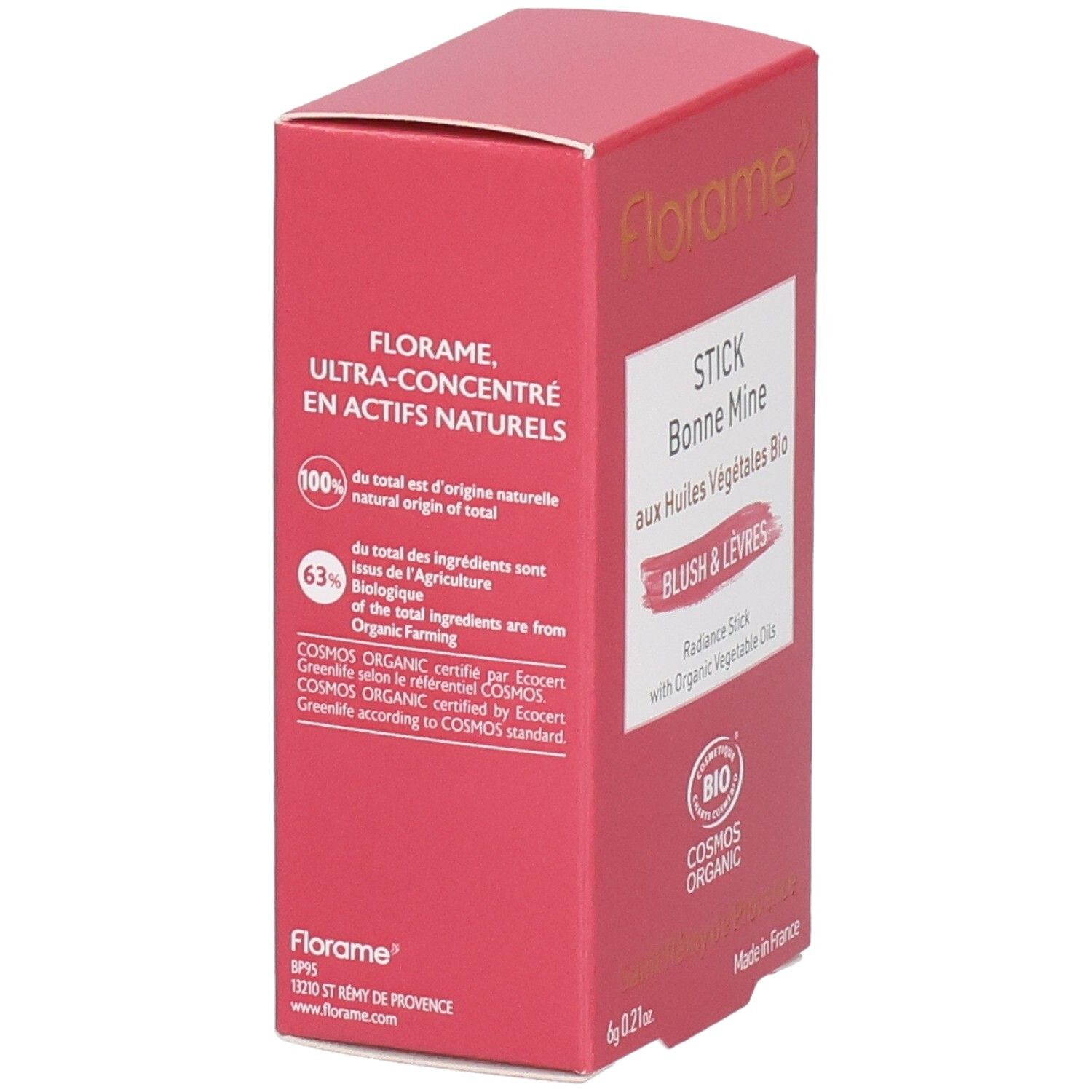 Boîte du stick Bonne Mine Florame pour joues et lèvres, avec label Bio.