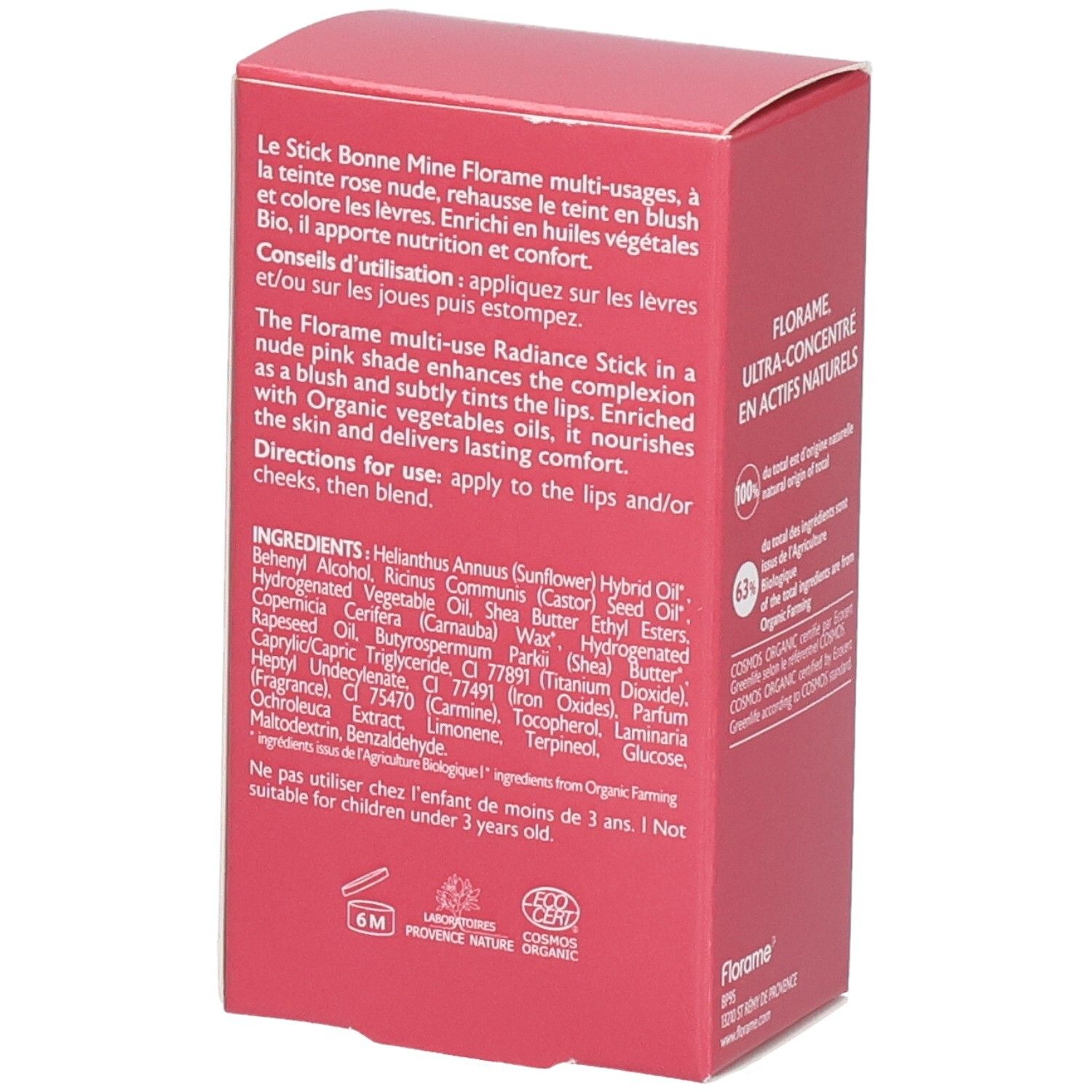 Boîte d'un stick multi-usages Radiance teinte nude rosé. Contient ingrédients et conseils d'utilisation.