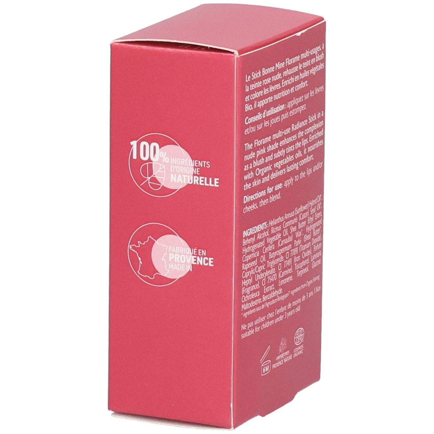 Boîte rouge avec informations produit, 100% ingrédients naturels, fabriqué en Provence.