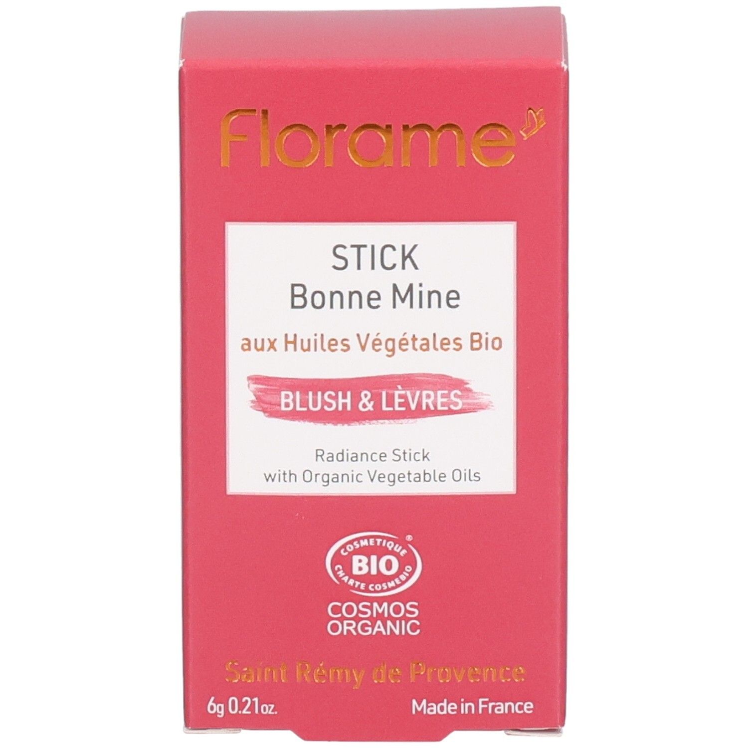 Packaging Florame Stick Bonne Mine. Aux huiles végétales bio. Certifié COSMOS ORGANIC.