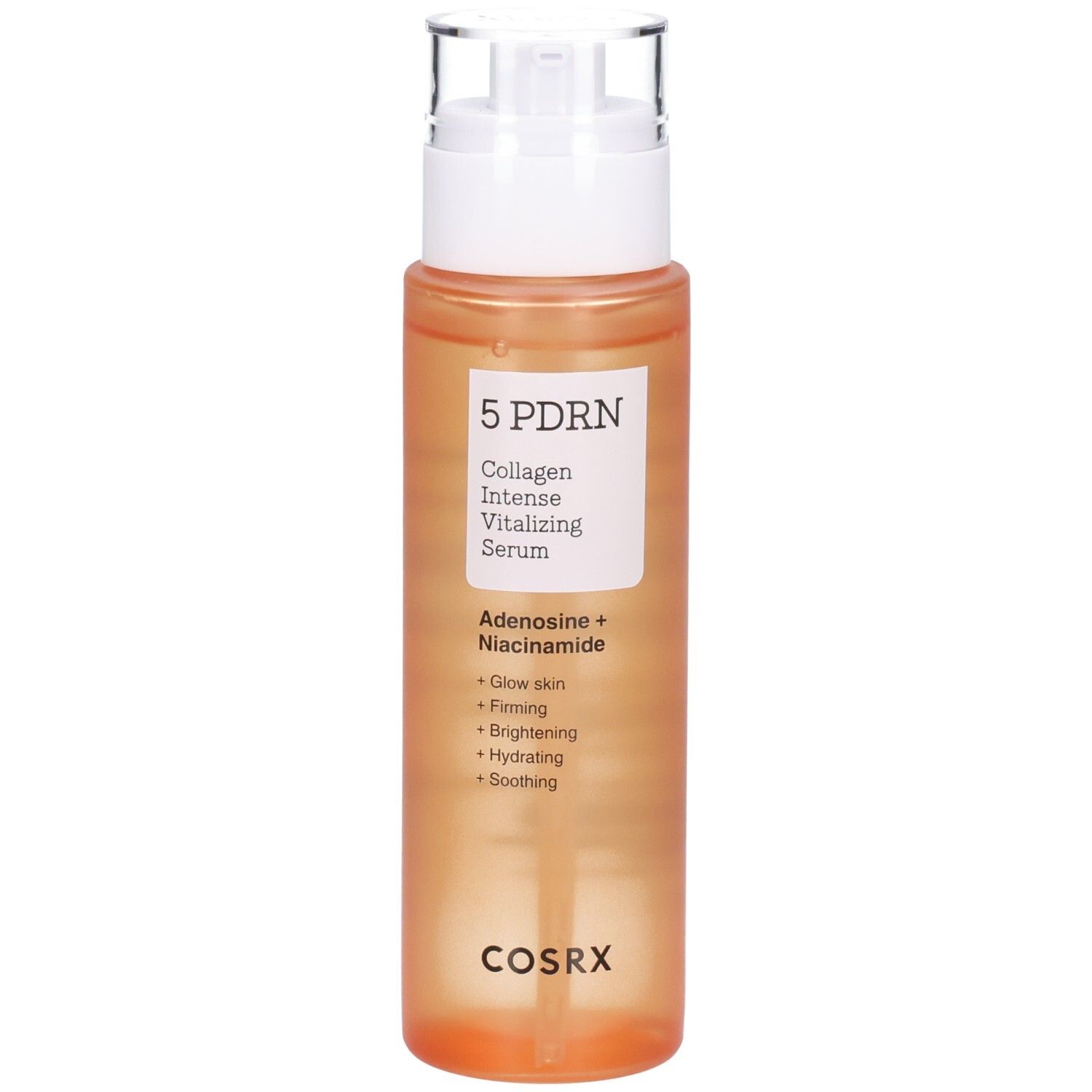 Sérum COSRX 5 PDRN avec distributeur. Flacon orange avec étiquette blanche.