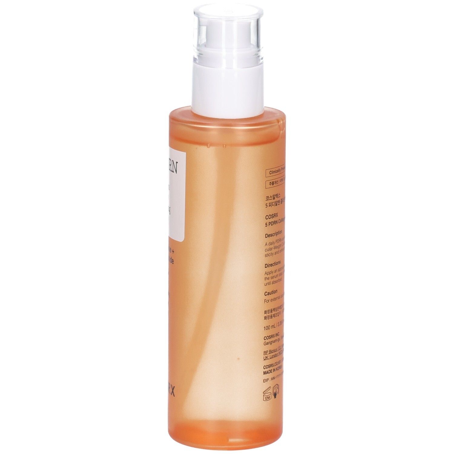 Vue latérale du sérum COSRX 5 PDRN. Flacon orange avec distributeur et étiquette.