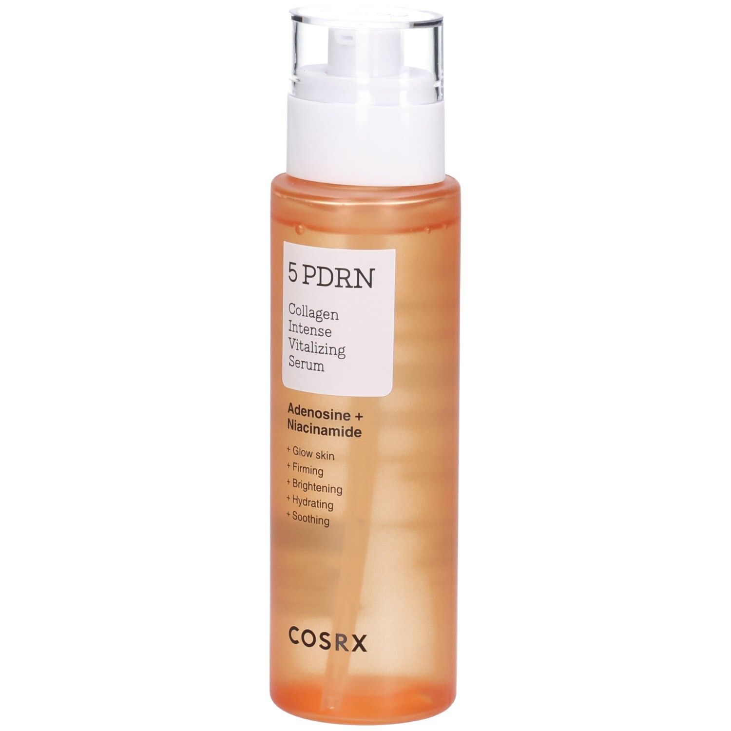 Sérum COSRX 5 PDRN avec distributeur. Flacon orange avec étiquette blanche et caractéristiques du produit.