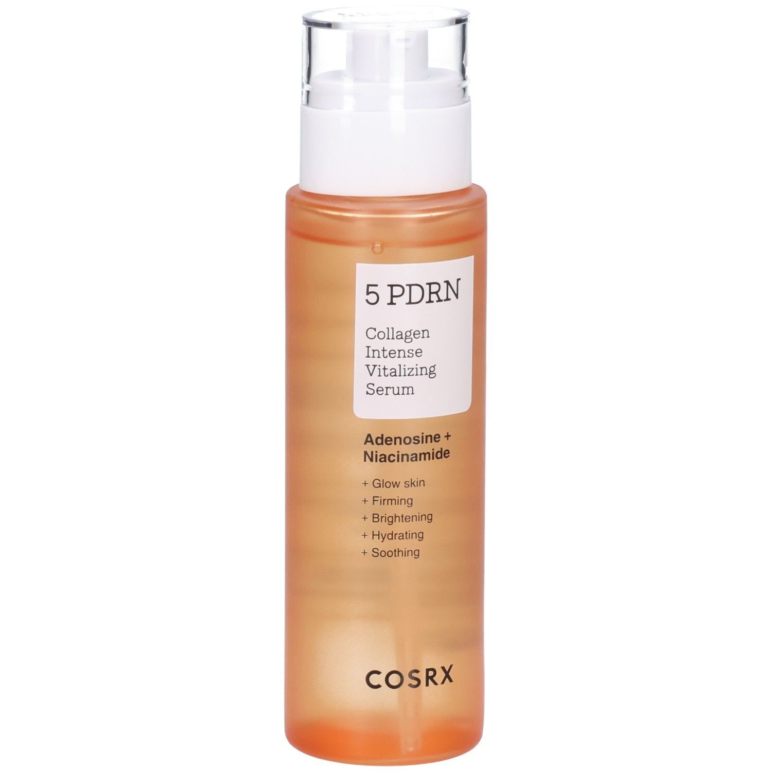 Sérum COSRX 5 PDRN avec distributeur. Flacon orange avec étiquette blanche.
