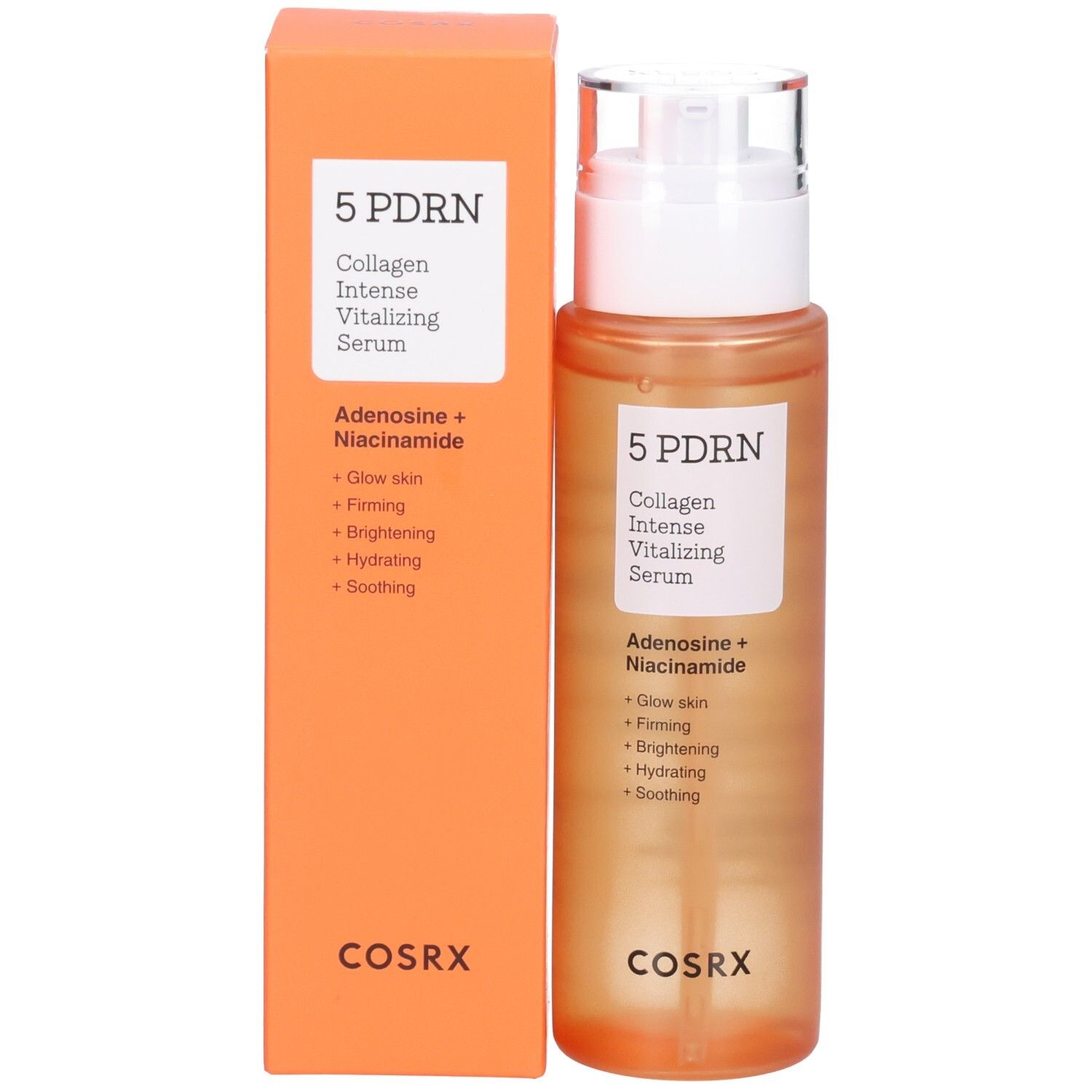 Sérum COSRX 5 PDRN et son emballage orange. Flacon avec distributeur et étiquette.