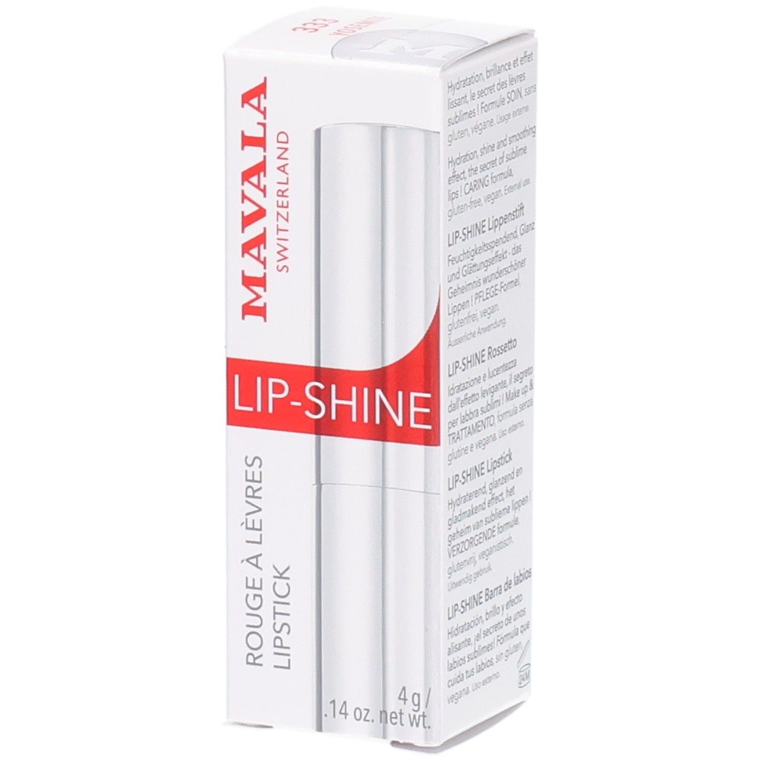 Mavala Lip-Shine Lippenstift in witte verpakking met rode accenten. Bevat 4g.