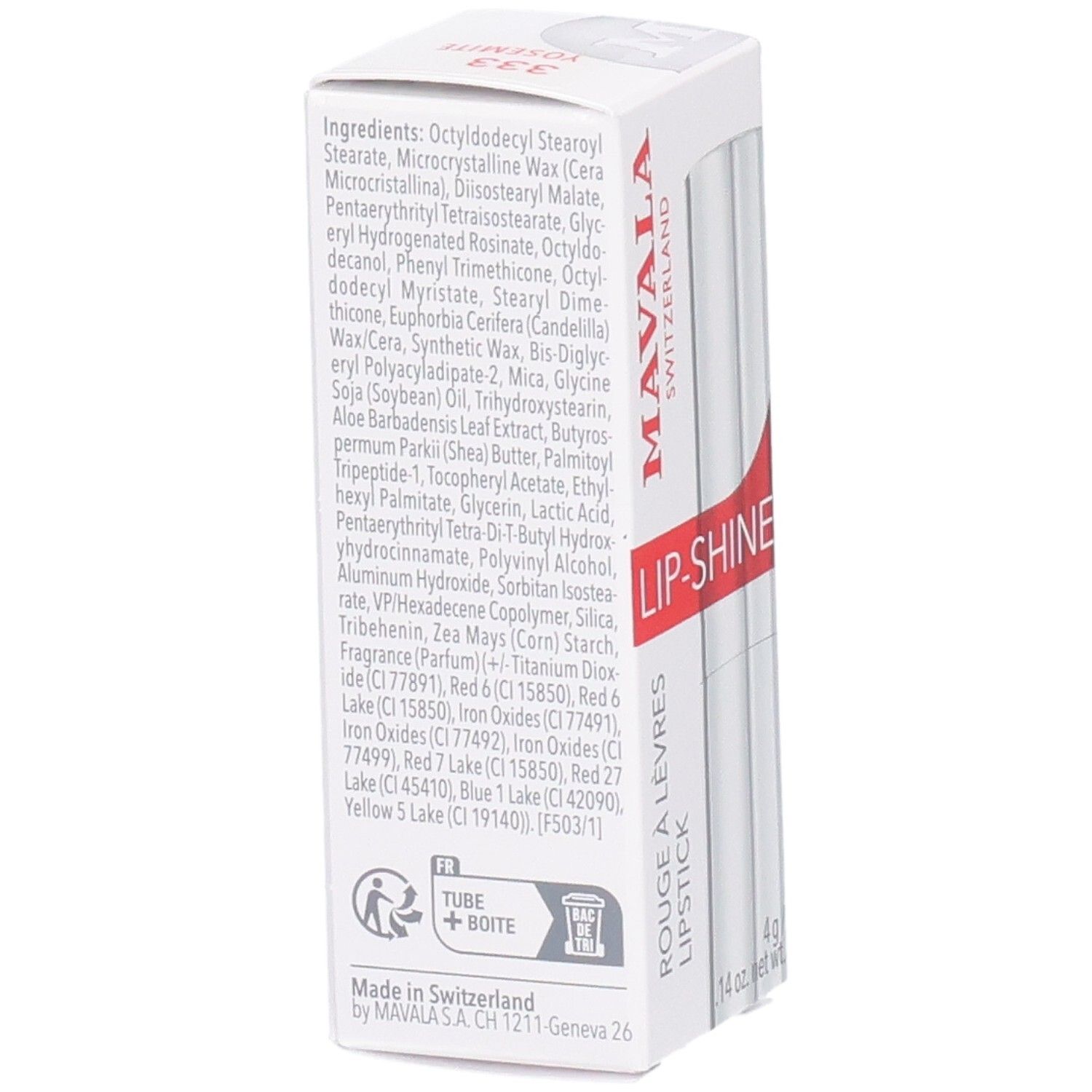 Mavala Lip-Shine lippenstift verpakking, wit, met ingrediëntenlijst en "Made in Switzerland" vermelding.