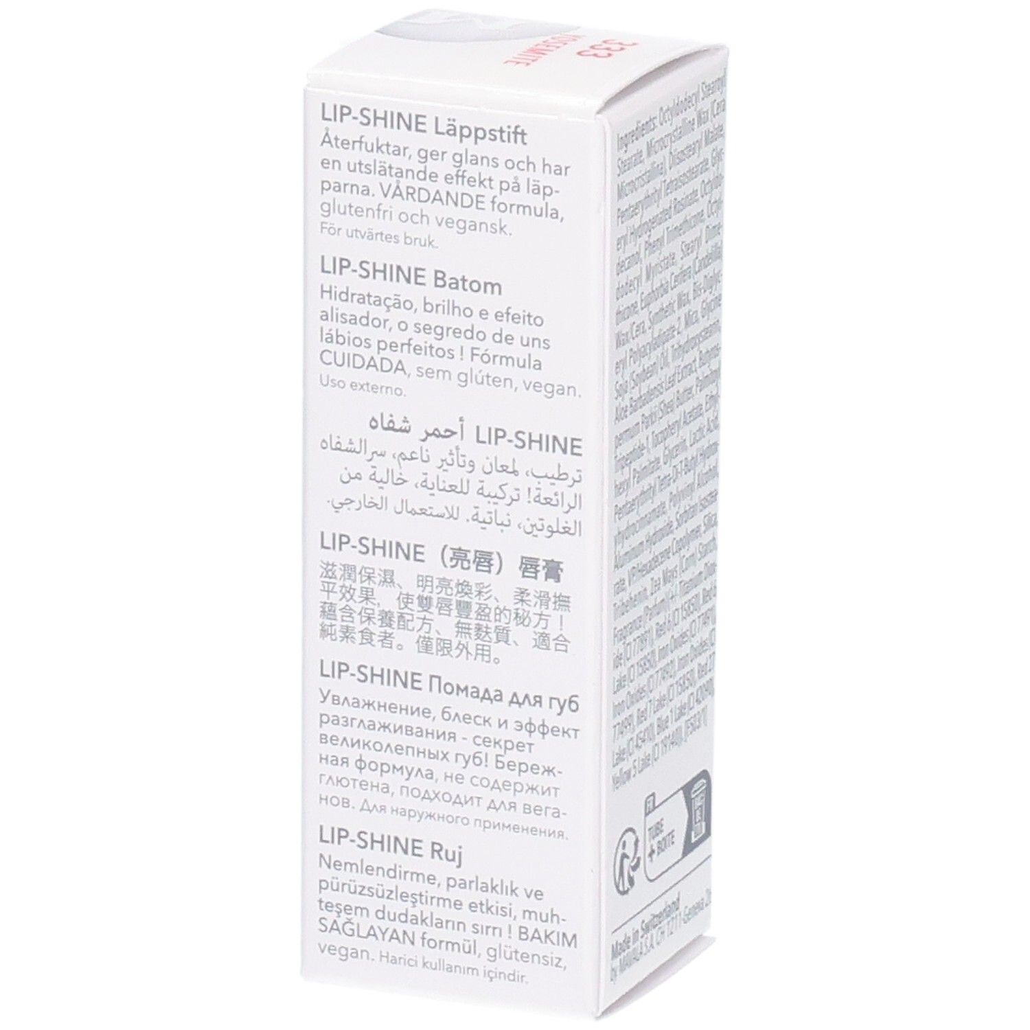 Verpakking voor LIP-SHINE lippenstift met meertalige productinformatie.