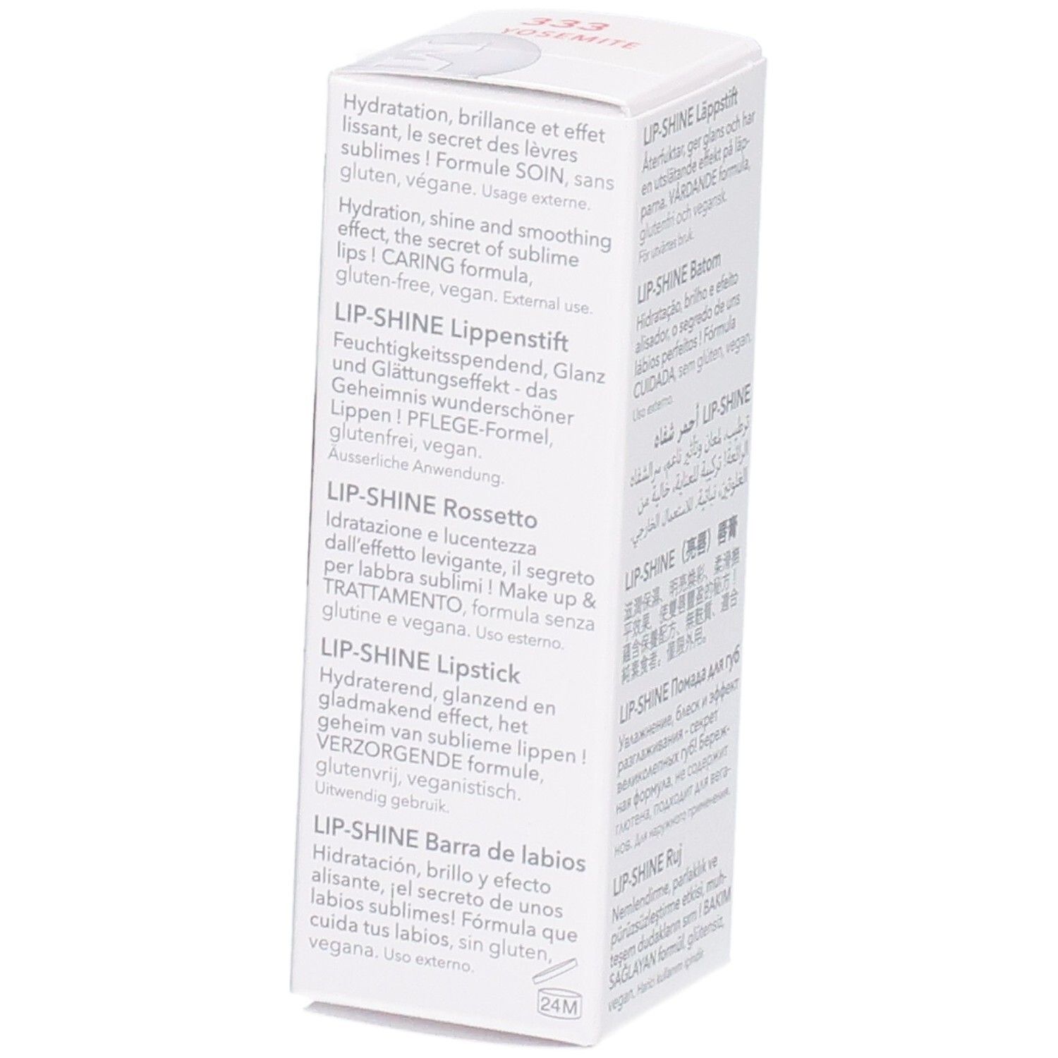 Verpakking voor LIP-SHINE lippenstift met meertalige productinformatie.