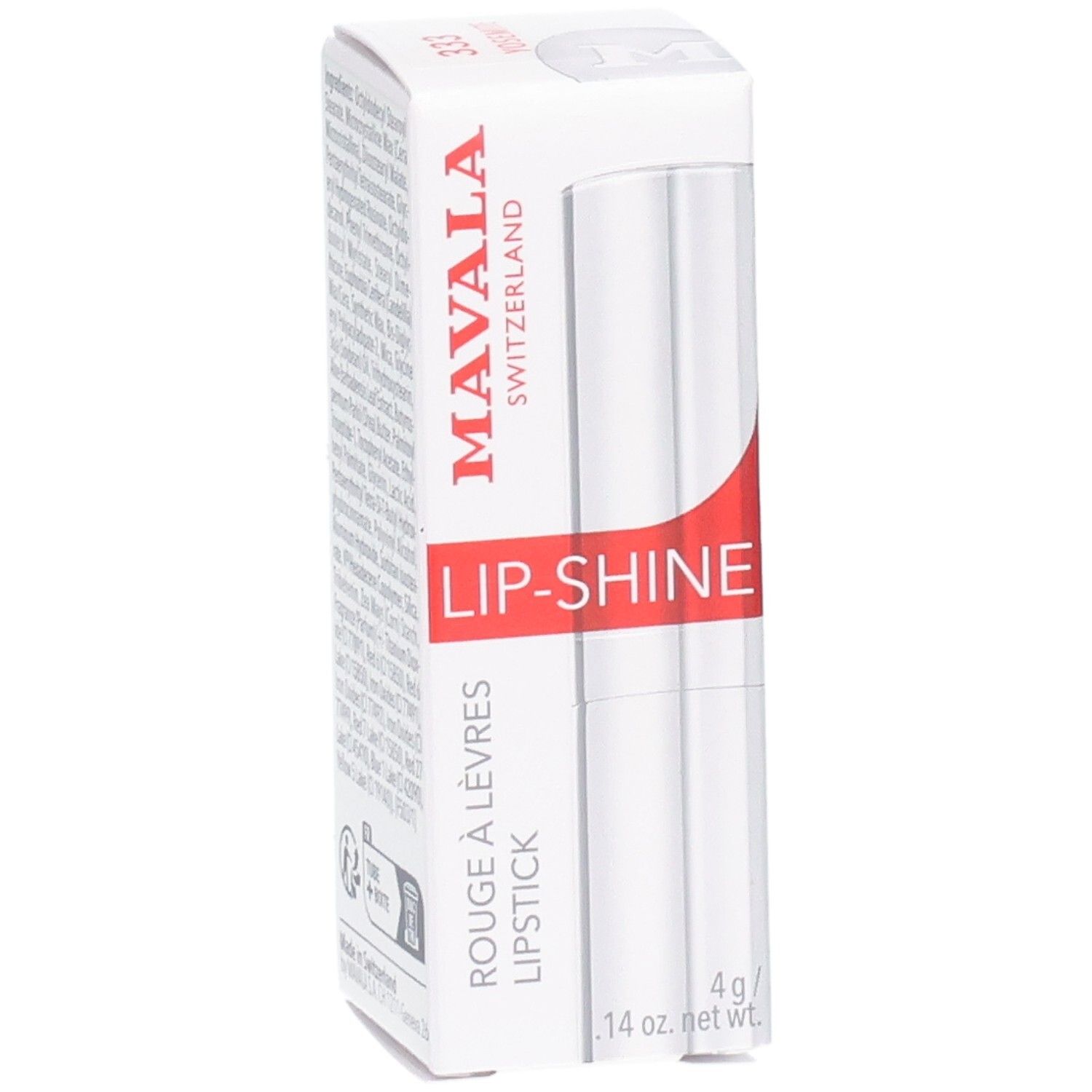 Mavala Lip-Shine Lippenstift in witte verpakking met rode accenten. 4g.