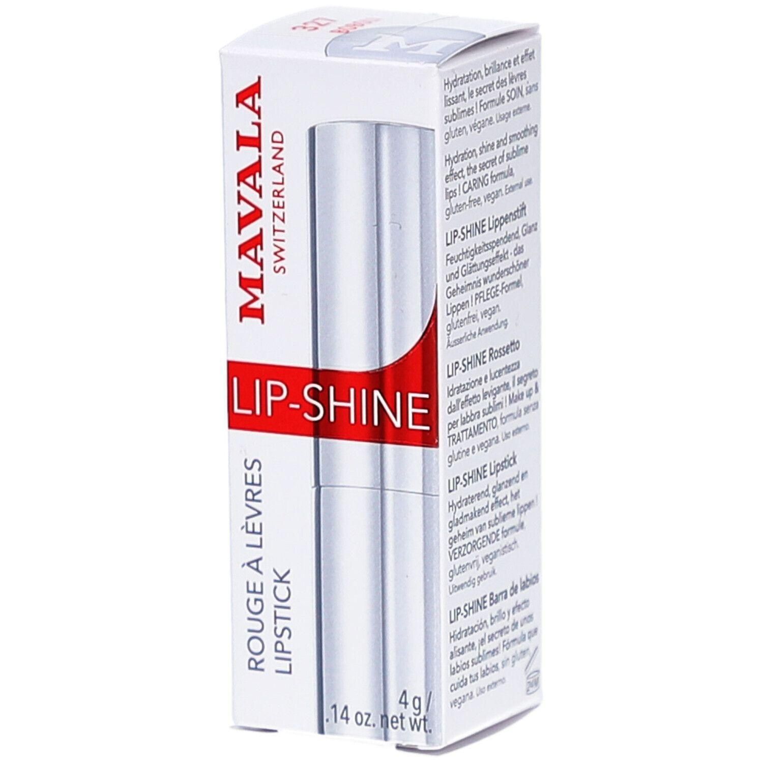 Rouge à lèvres Mavala Lip-Shine dans un tube argenté sur emballage blanc avec informations produit.