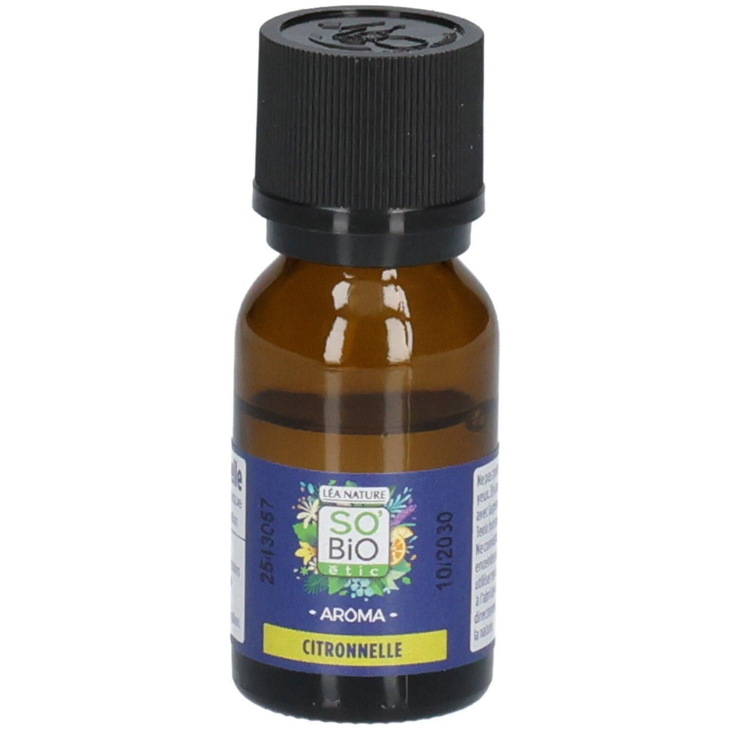 Bruine glazen fles met zwarte schroefdop, etiket "So Bio Etic Aroma Citronnelle".