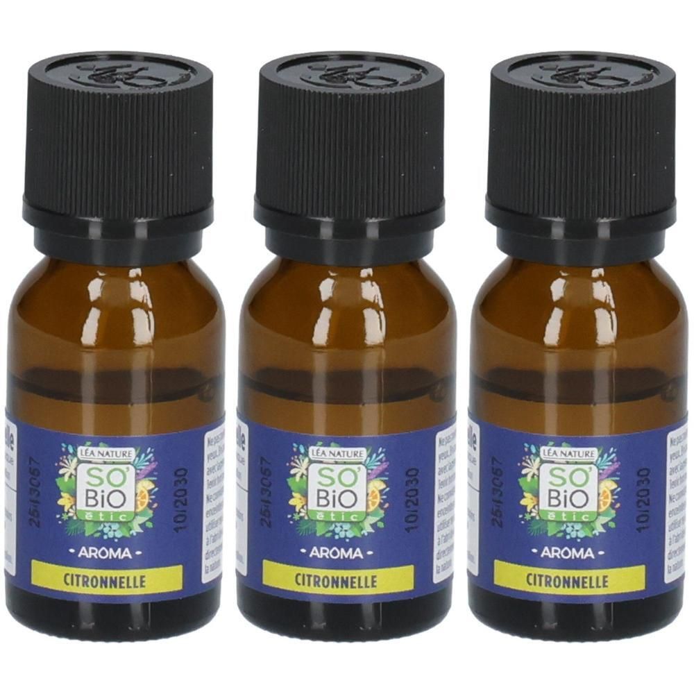 Drie bruine glazen flesjes met zwarte schroefdoppen, etiketten "So Bio Etic Aroma Citronnelle".