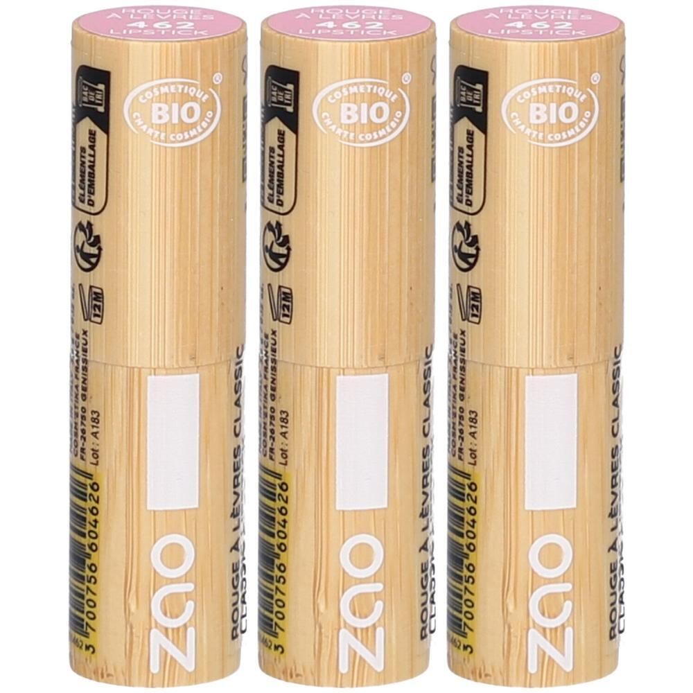 Drie ZAO lippenstiften in bamboehüzen met BIO-zegel.