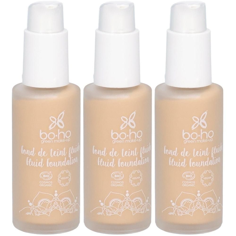 Drie flacons Boho Green Make-up vloeibare foundation met pompdispenser.