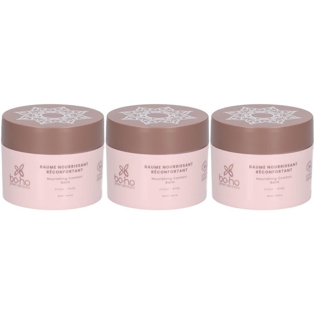 Drie roze potjes met bruine deksels, versierd met een mandala-patroon. Tekst op de potjes: 'baume nourrissant réconfortant'.