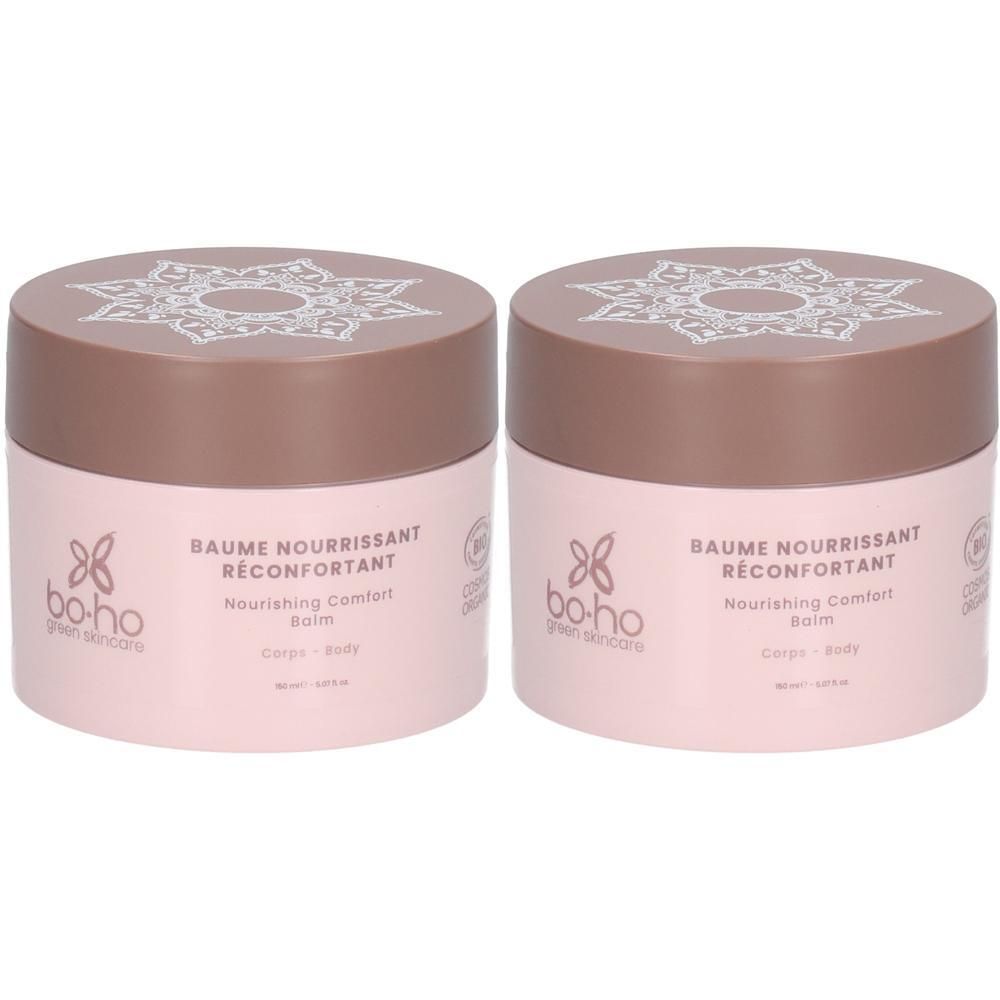 Deux pots roses à couvercles marron, affichant "Bo-Ho green skincare" et "Baume Nourrissant Réconfortant".