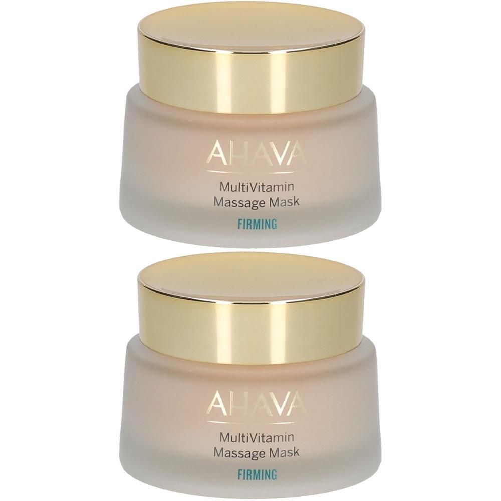 Twee potten AHAVA MultiVitamin Massage Mask. Glazen potten met gouden deksels. Opschrift: FIRMING.