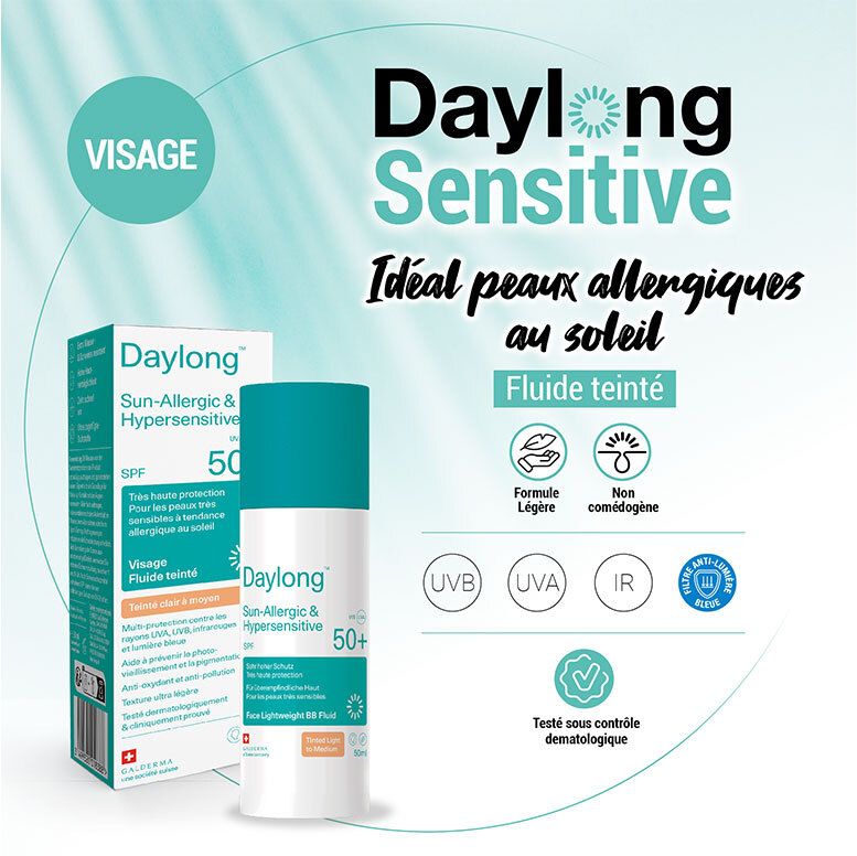 DAYLONG getinte gezichtsvloeistof SPF 50+ en verpakking.