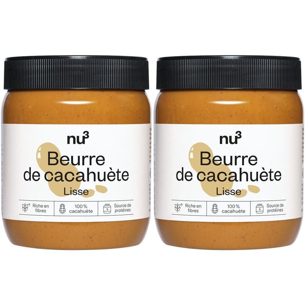 Deux pots de nu3 Beurre de Cacahuète Smooth avec couvercles noirs, sur fond blanc.