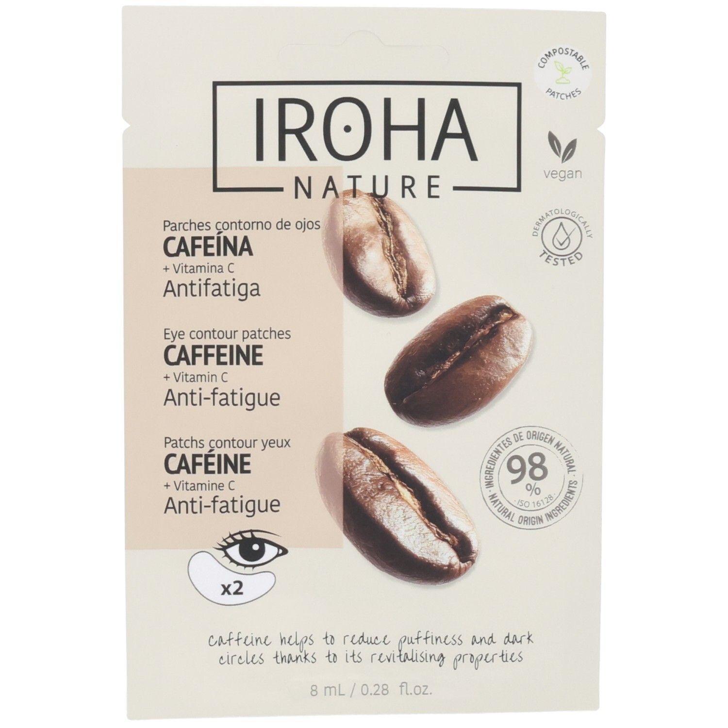 Iroha Nature oogpatches met cafeïne en vitamine C. Anti-vermoeidheid. Twee stuks.