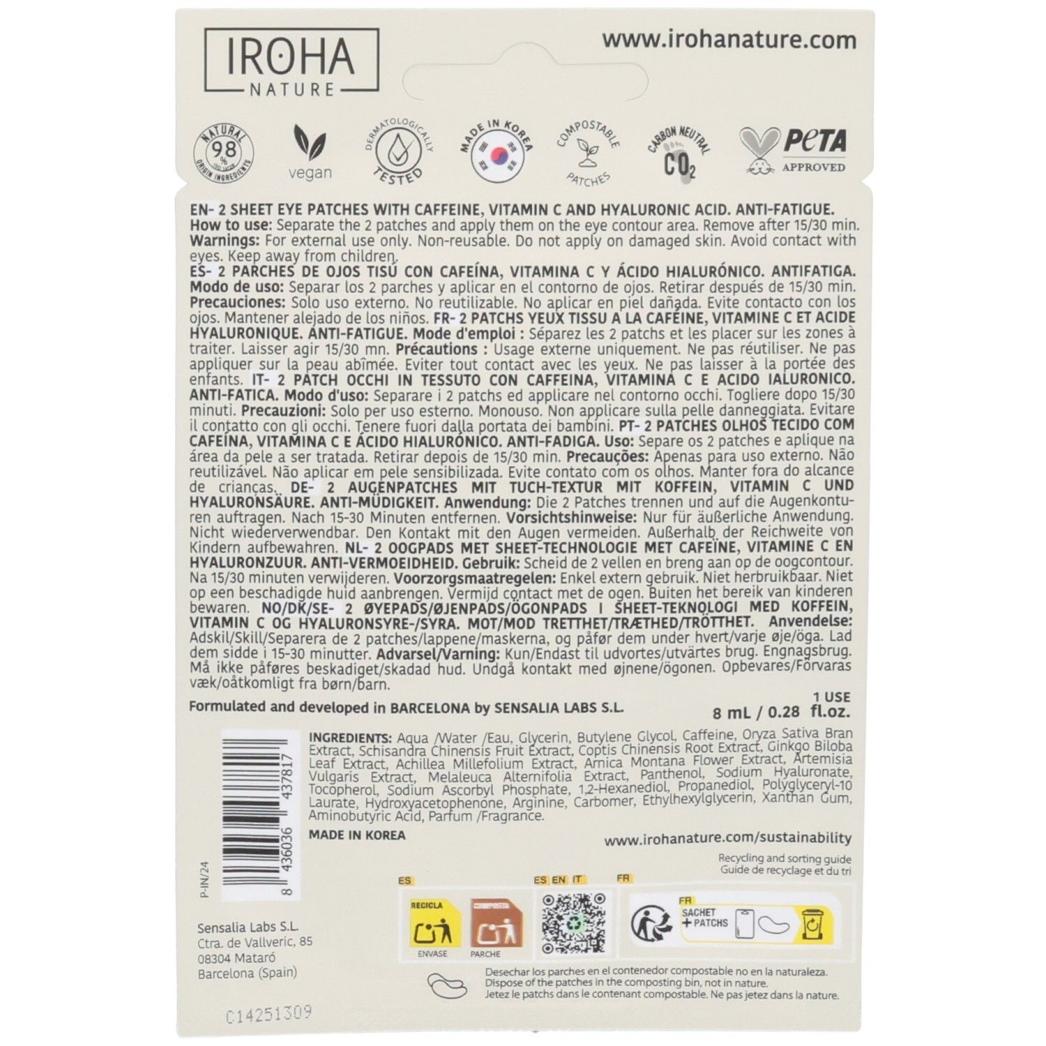 Achterkant van Iroha Nature oogpatches met cafeïne en vitamine C. Ingrediënten en gebruiksaanwijzing.