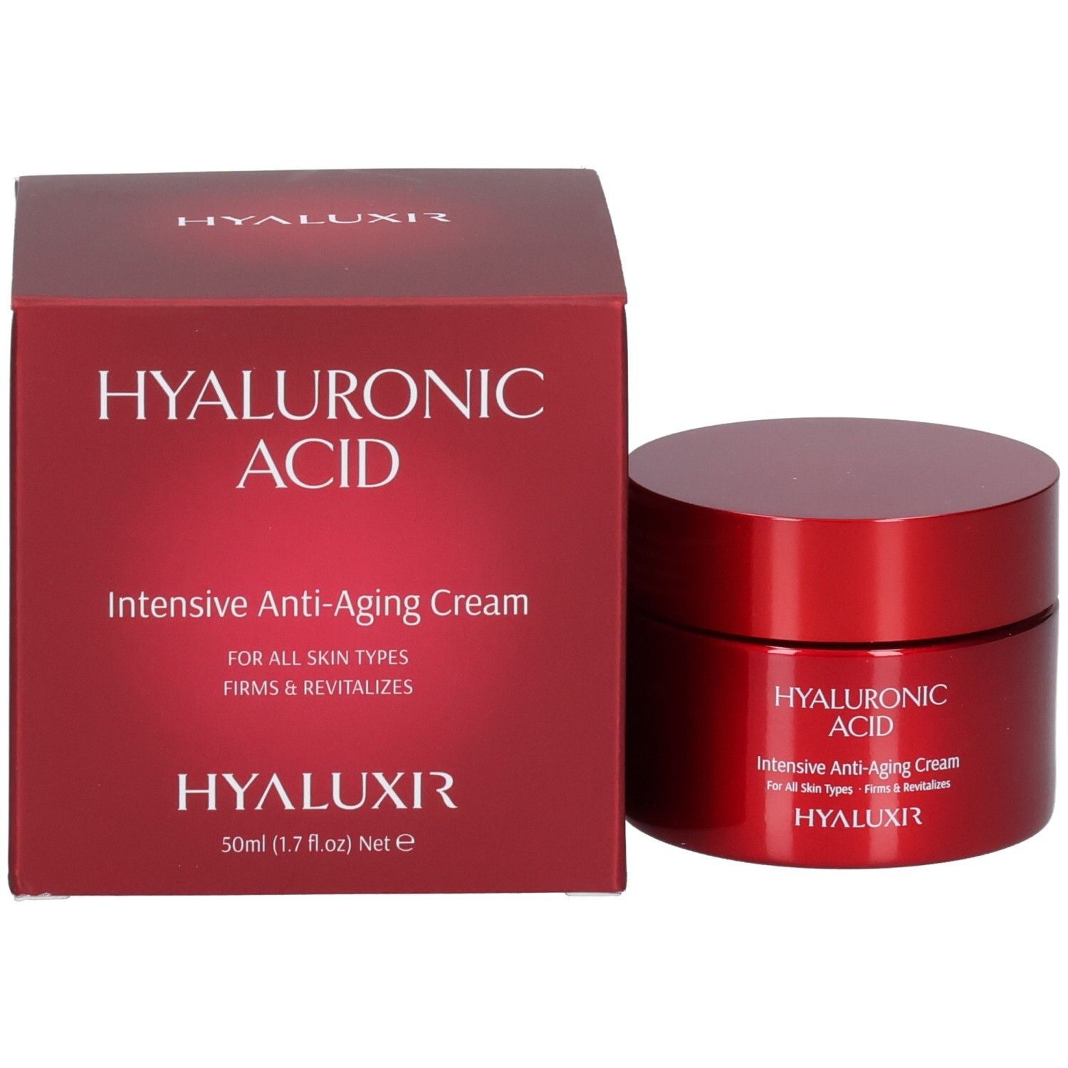 Boîte et pot rouges Acide Hyaluronique Crème Anti-Âge Intensive. Texte : Hyaluronic Acid, Intensive Anti-Aging Cream, For All Skin Types, Firms & Revitalizes, HYALUXIR, 50ml.