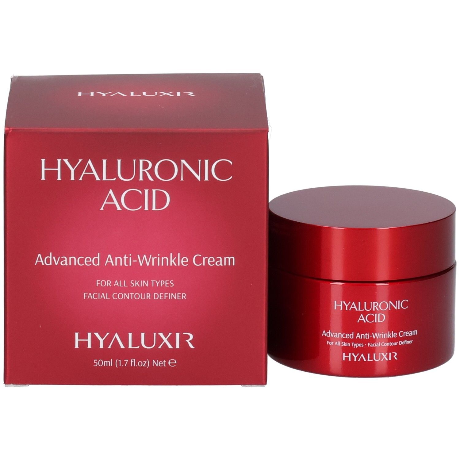Boîte et pot rouges avec acide hyaluronique, crème anti-rides avancée, 50ml (1.7 fl.oz) Net e, HYALUXIR.