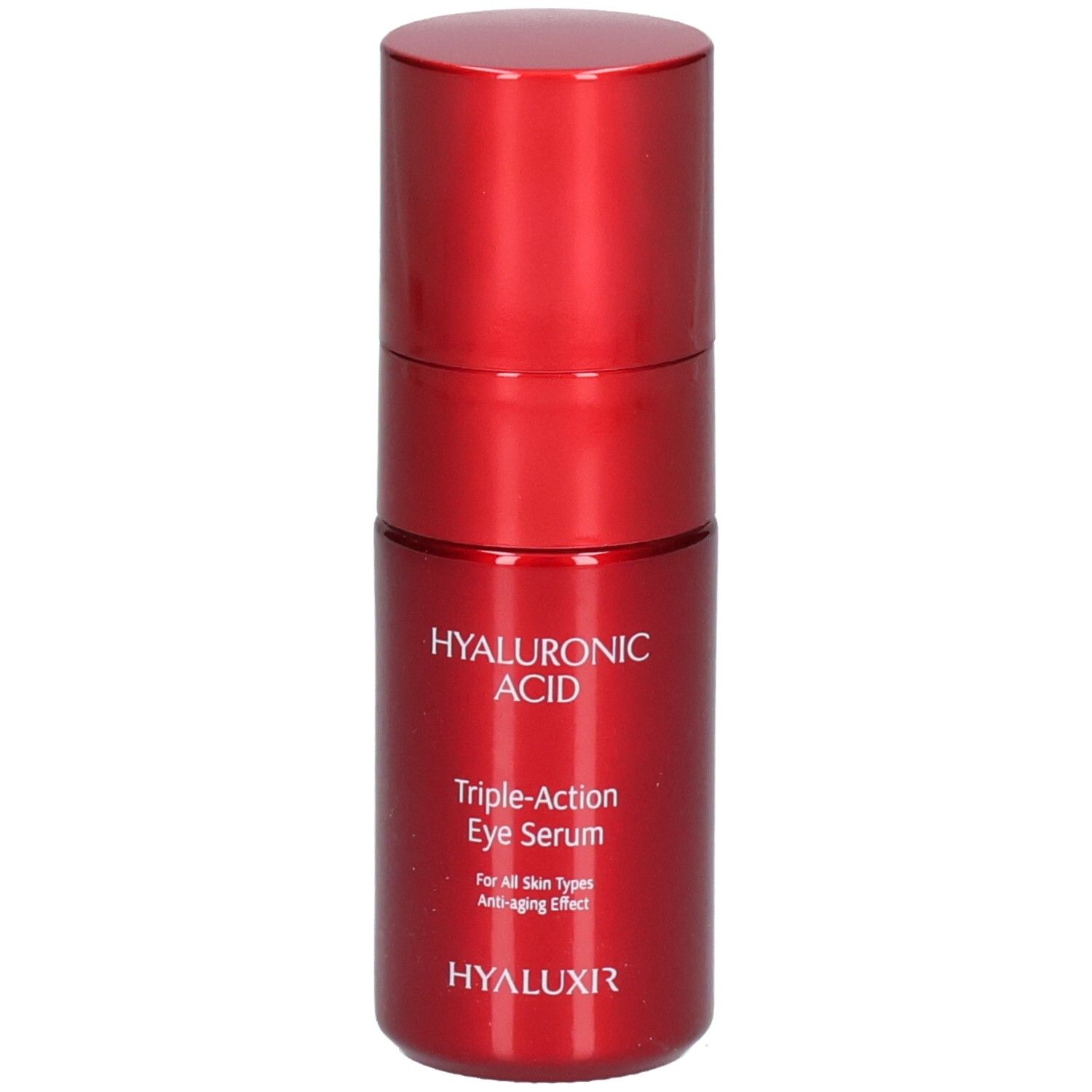 Rode oogverzorgingsfles met zilveren applicator. Hyaluronzuur, Triple-Action Eye Serum.