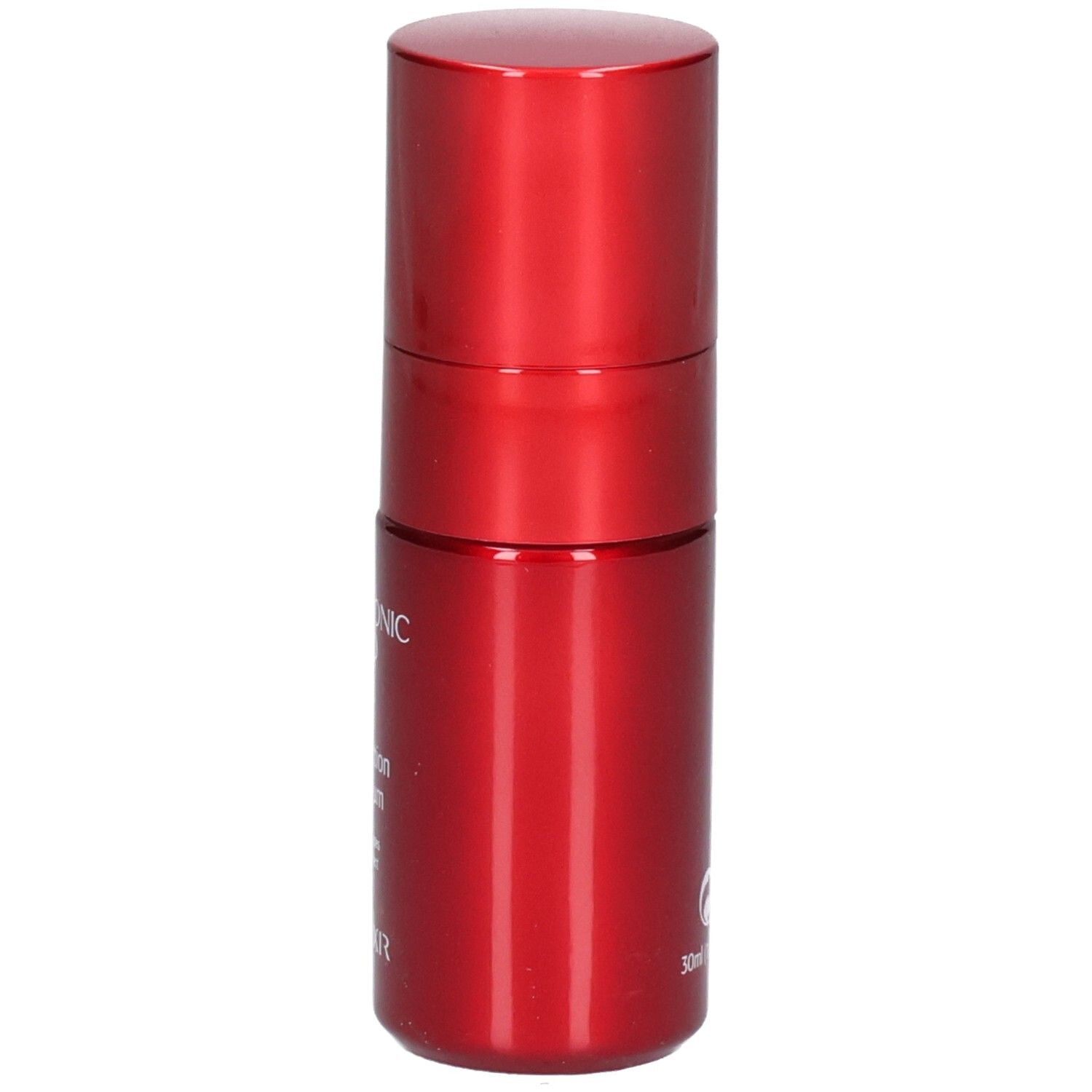 Rode oogverzorgingsfles met zilveren applicator, van de zijkant gezien. Hyaluronzuur.