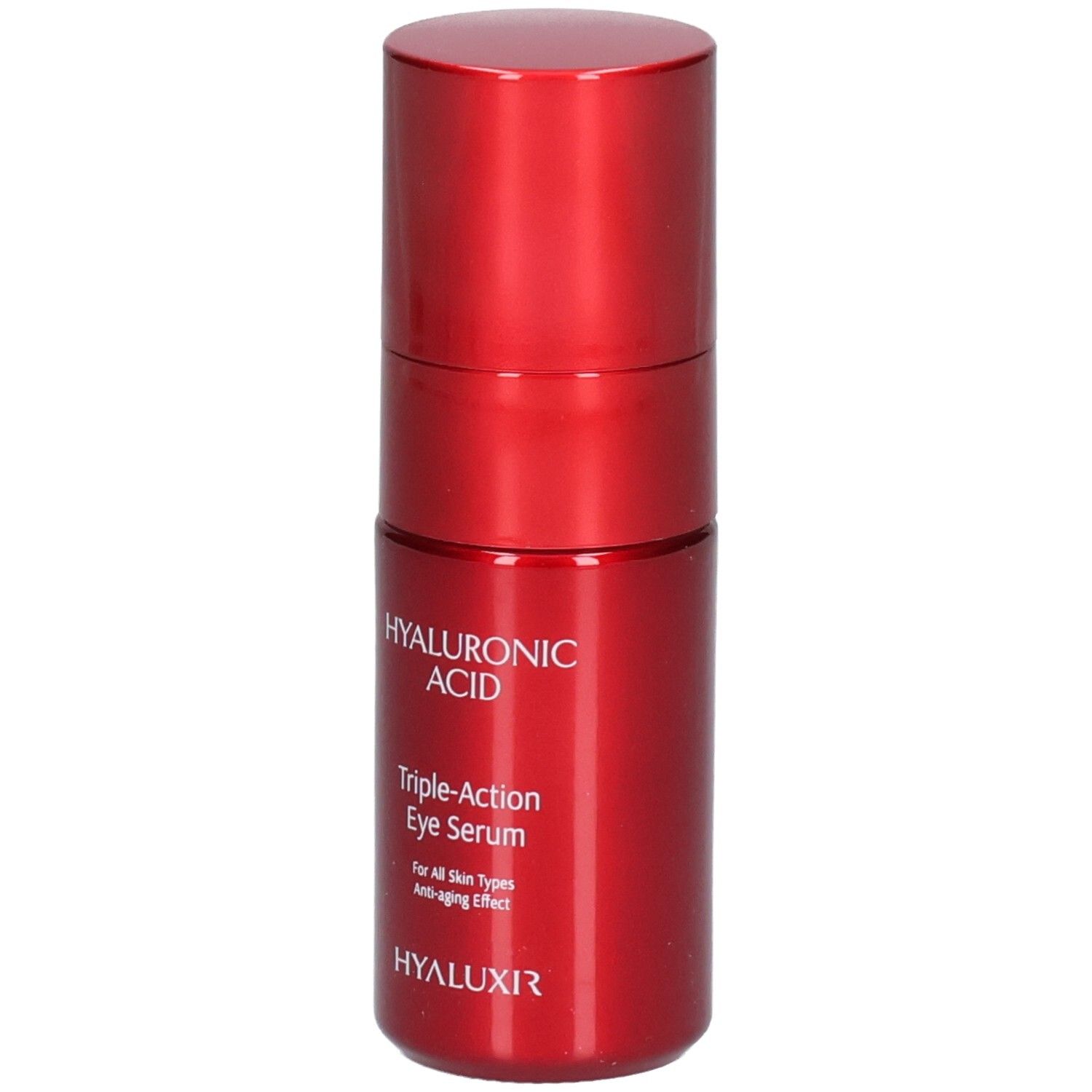 Rode oogverzorgingsfles met zilveren applicator. Hyaluronzuur, Triple-Action Eye Serum.