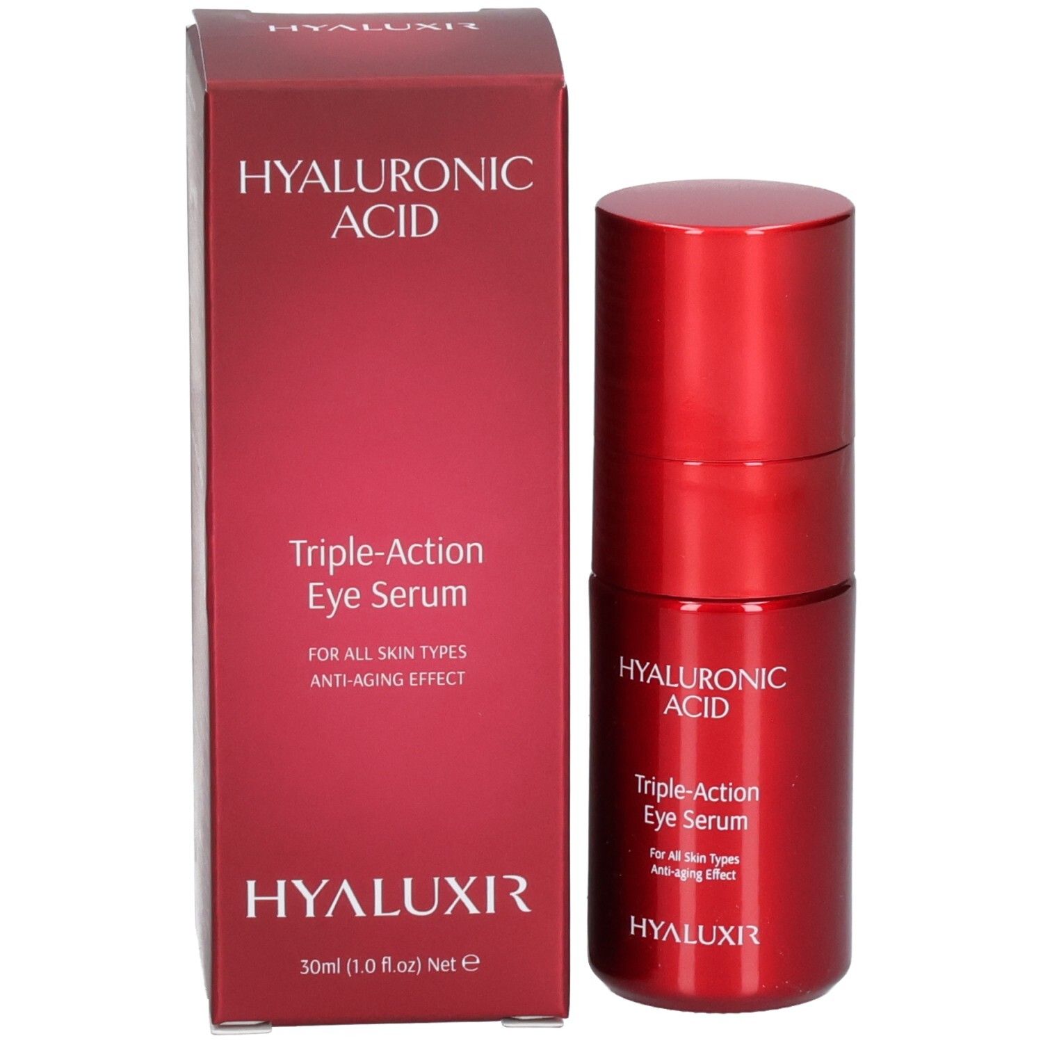 Rode vouwdoos en fles voor oogverzorging. Hyaluronzuur, Triple-Action Eye Serum.