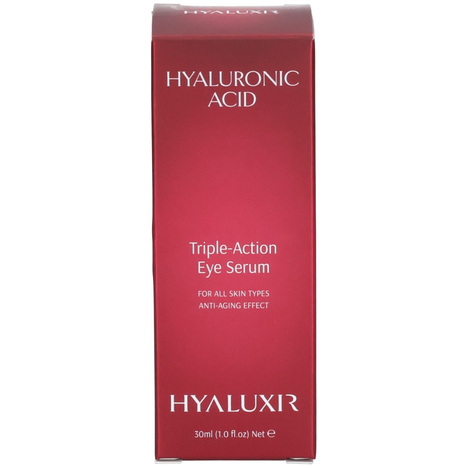 Rode vouwdoos voor oogverzorging. Hyaluronzuur, Triple-Action Eye Serum, 30ml.