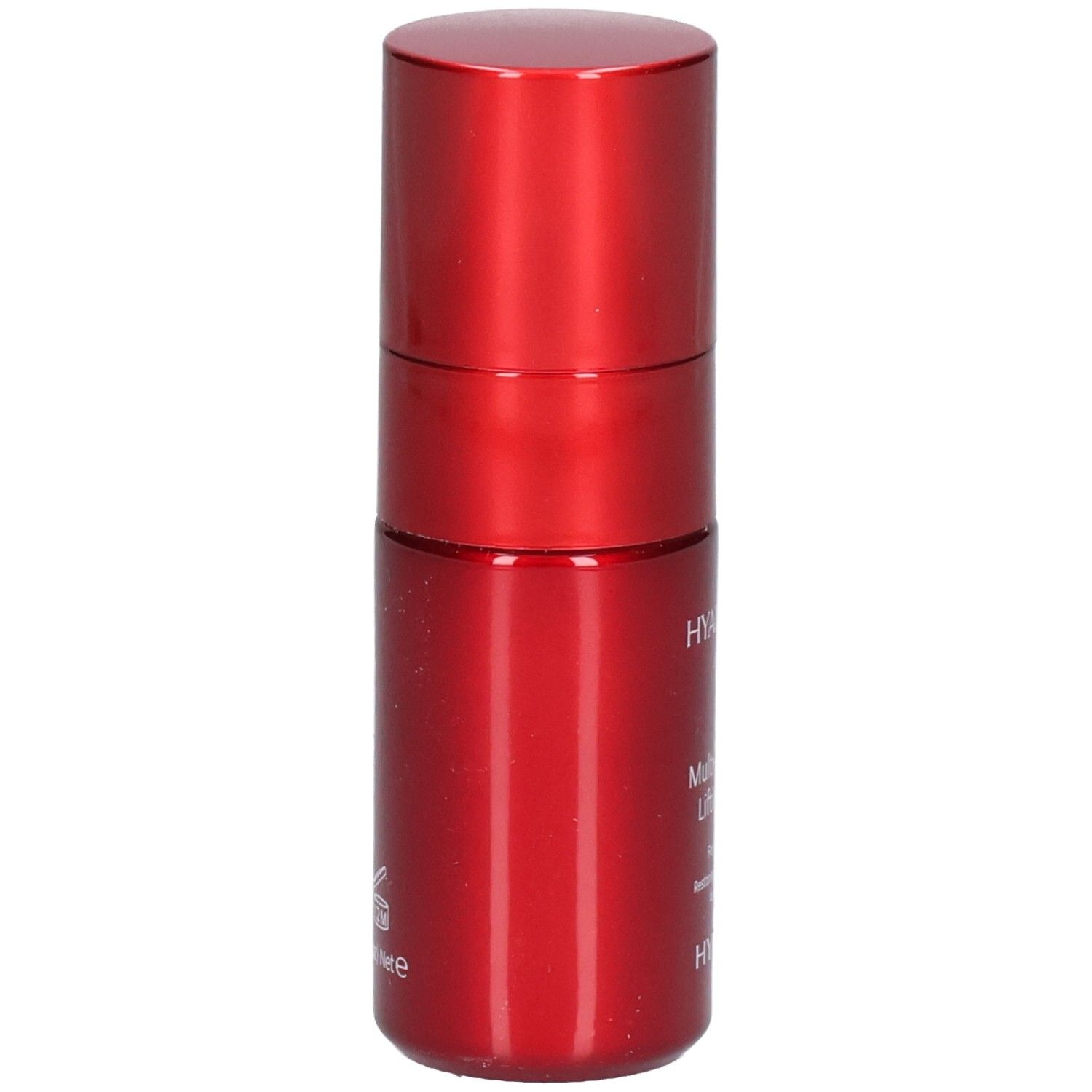 Rode fles met hyaluronzuur lifting serum. Zijaanzicht.