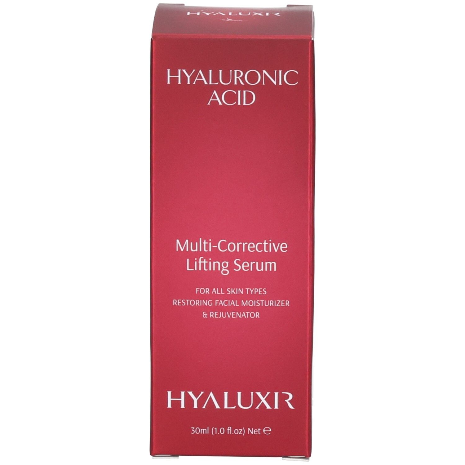 Rode verpakking voor hyaluronzuur lifting serum. Bevat 30ml.