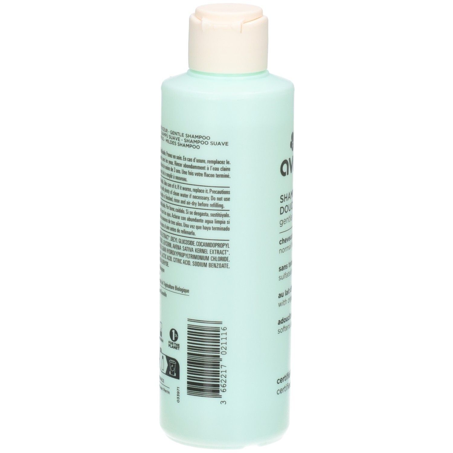 Lichtgroene fles met witte dop, met milde shampoo. Etiket met ingrediënten en barcode.