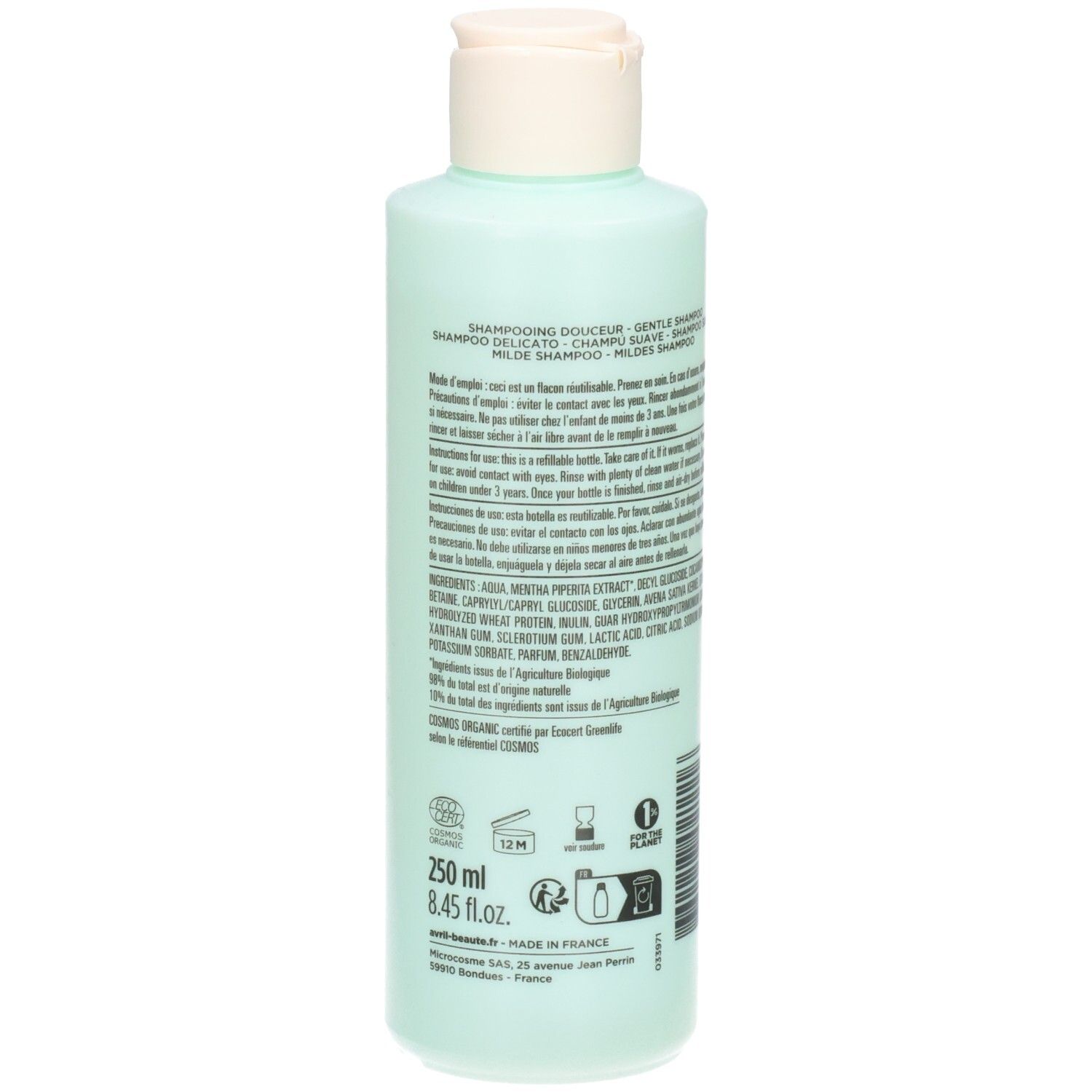 Lichtgroene fles met witte dop, 250 ml. Bevat tekst en diverse symbolen.