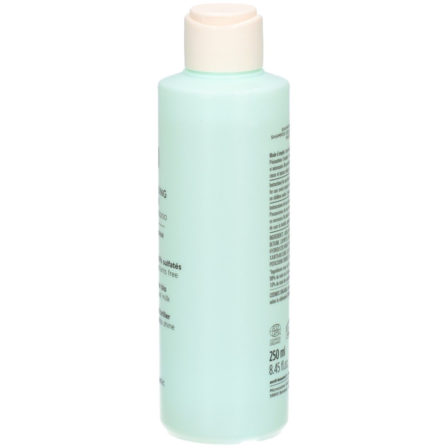 Lichtgroene fles met witte dop, 250ml shampoo, zonder sulfaten en parabenen.