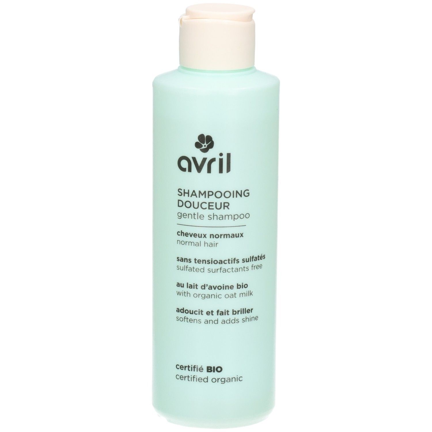 Avril Shampooing Douceur, een milde shampoo voor normaal haar, sulfaatvrij, met biologische havermelk.
