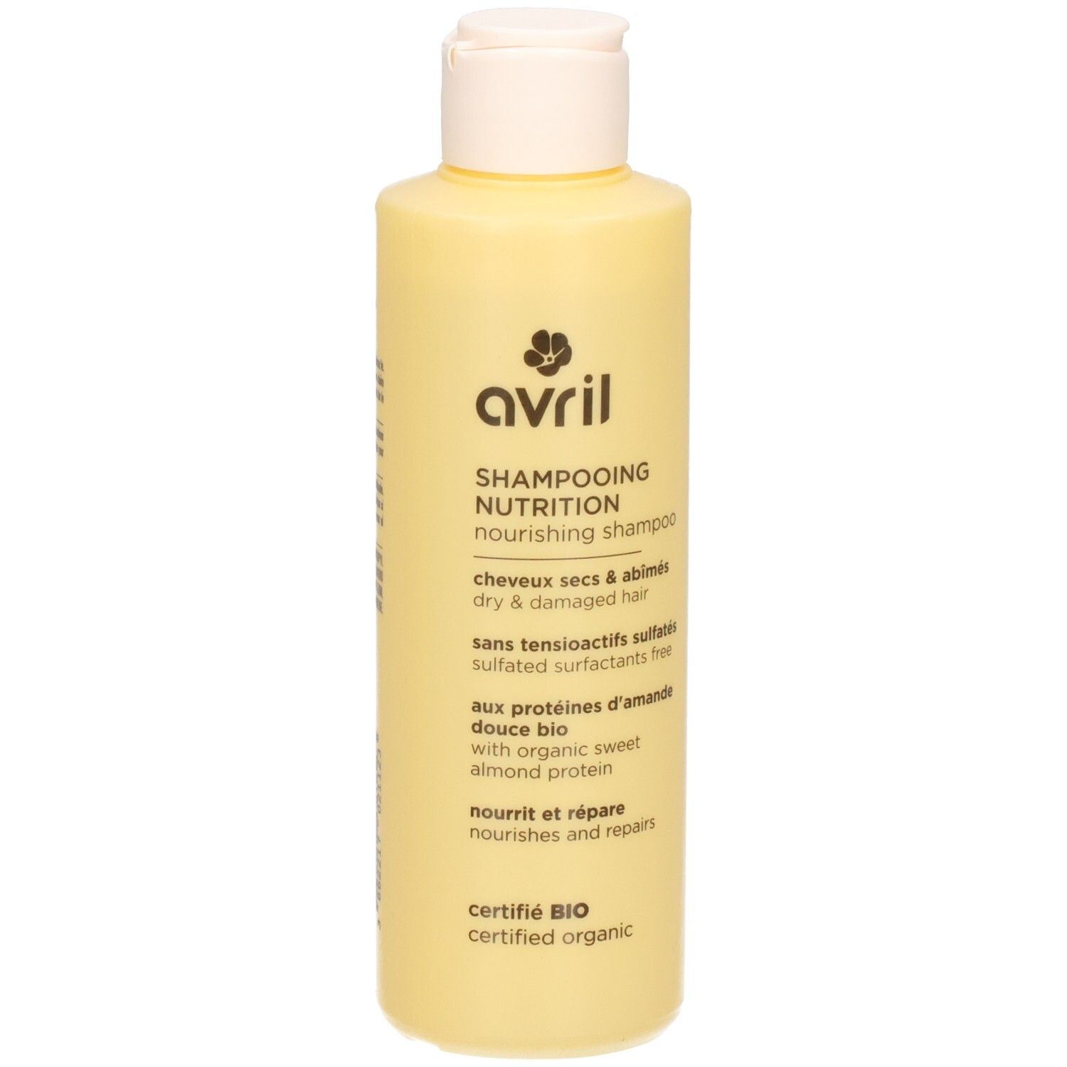 Avril Shampooing Nutrition fles, geel, voor droog haar, met biologische amandelproteïne.