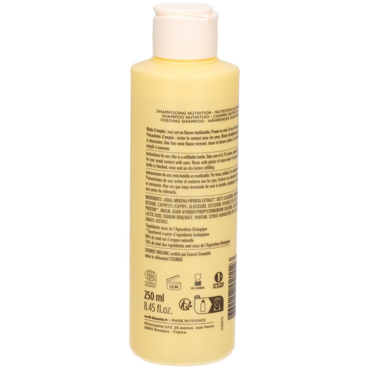 Lichte shampoofles met witte dop, 250 ml inhoud.