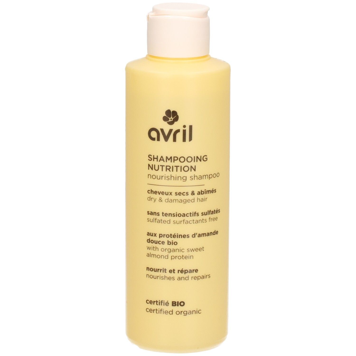 Avril Shampooing Nutrition, gele fles met witte dop, voor droog en beschadigd haar.