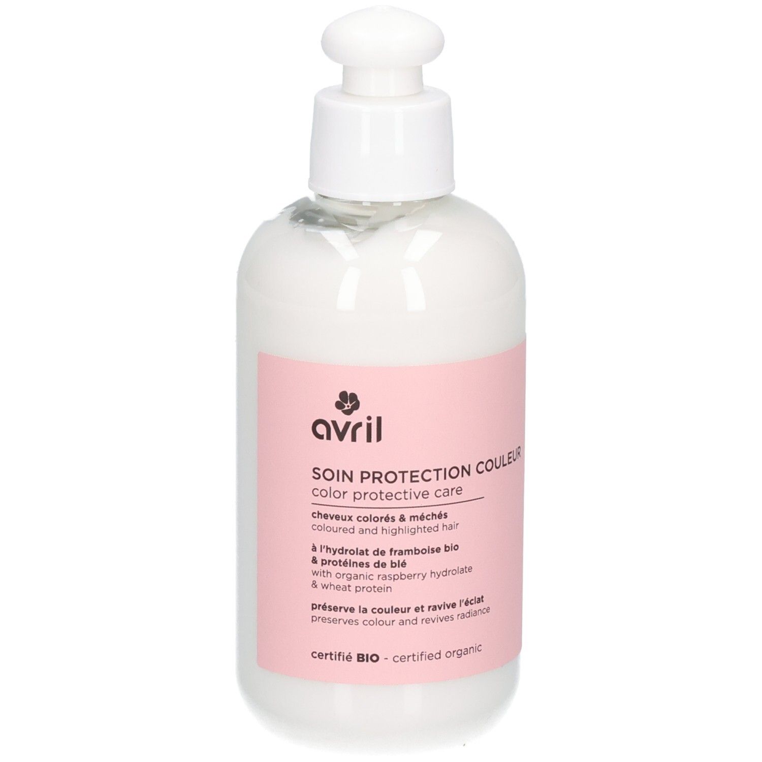 Avril Color Protective Care fles met pompdispenser. Roze etiket met productinformatie en biologische certificering.