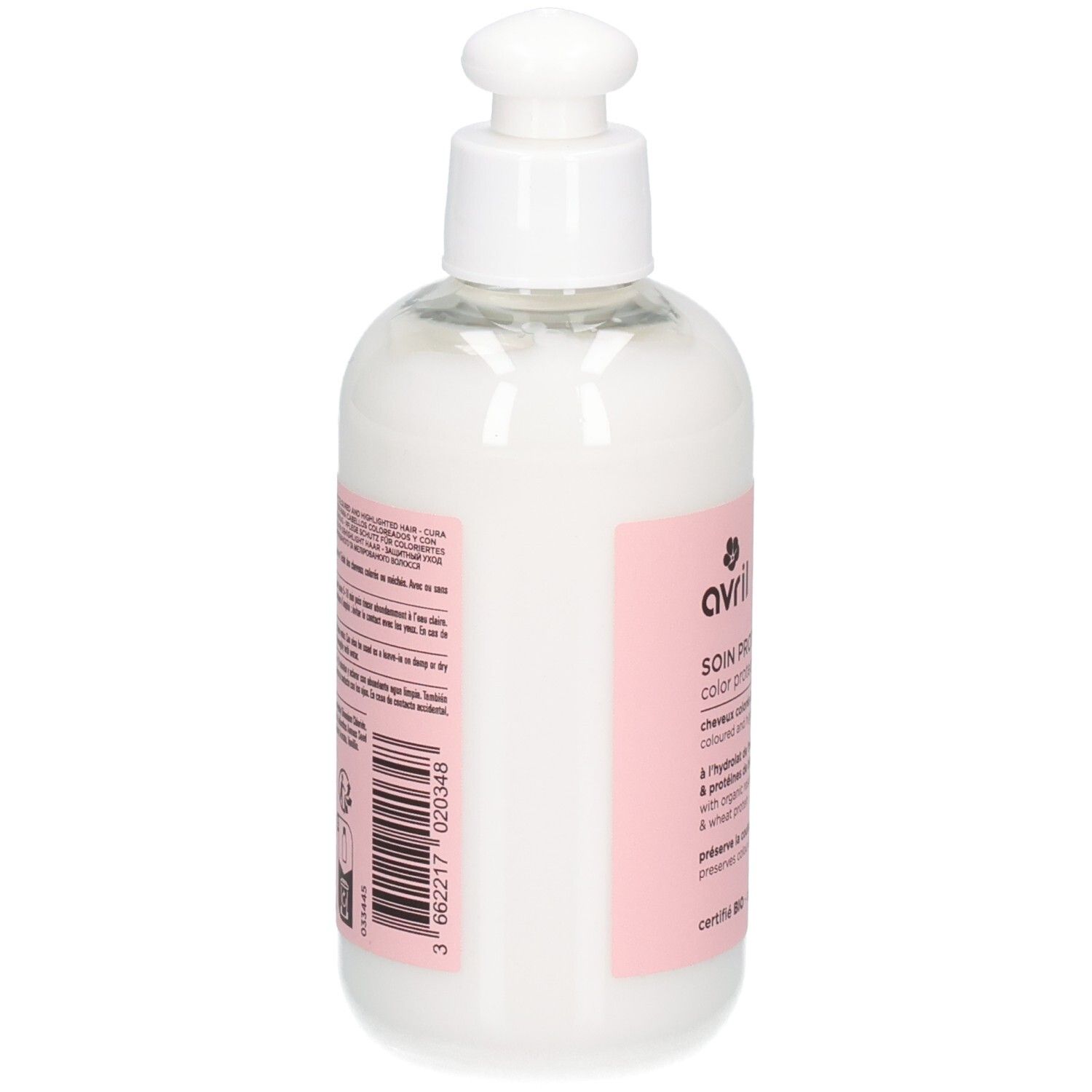 Witte fles met pompdos, bevat conditioner voor gekleurd haar. Merk: Avril.