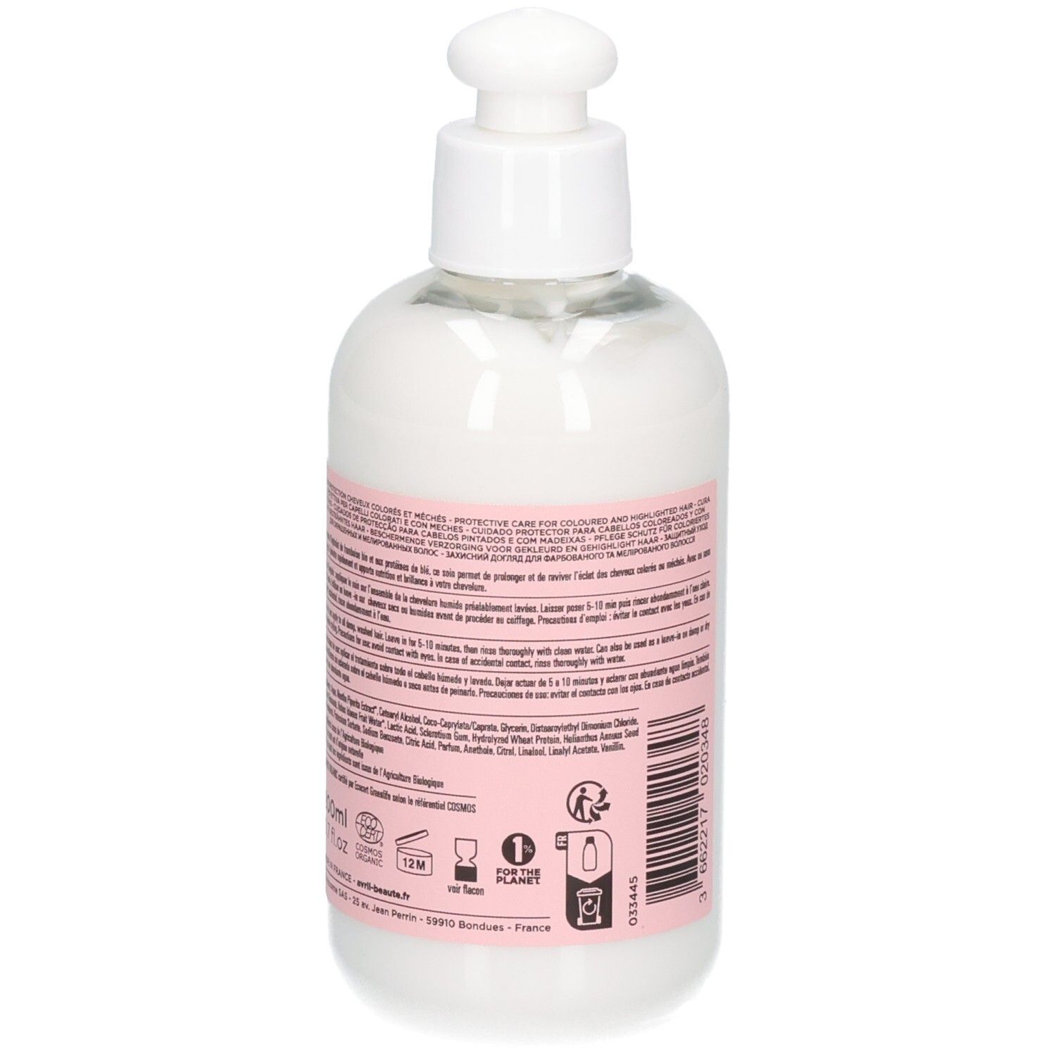 Witte fles met pompdosering, etiket met productinformatie en barcode.