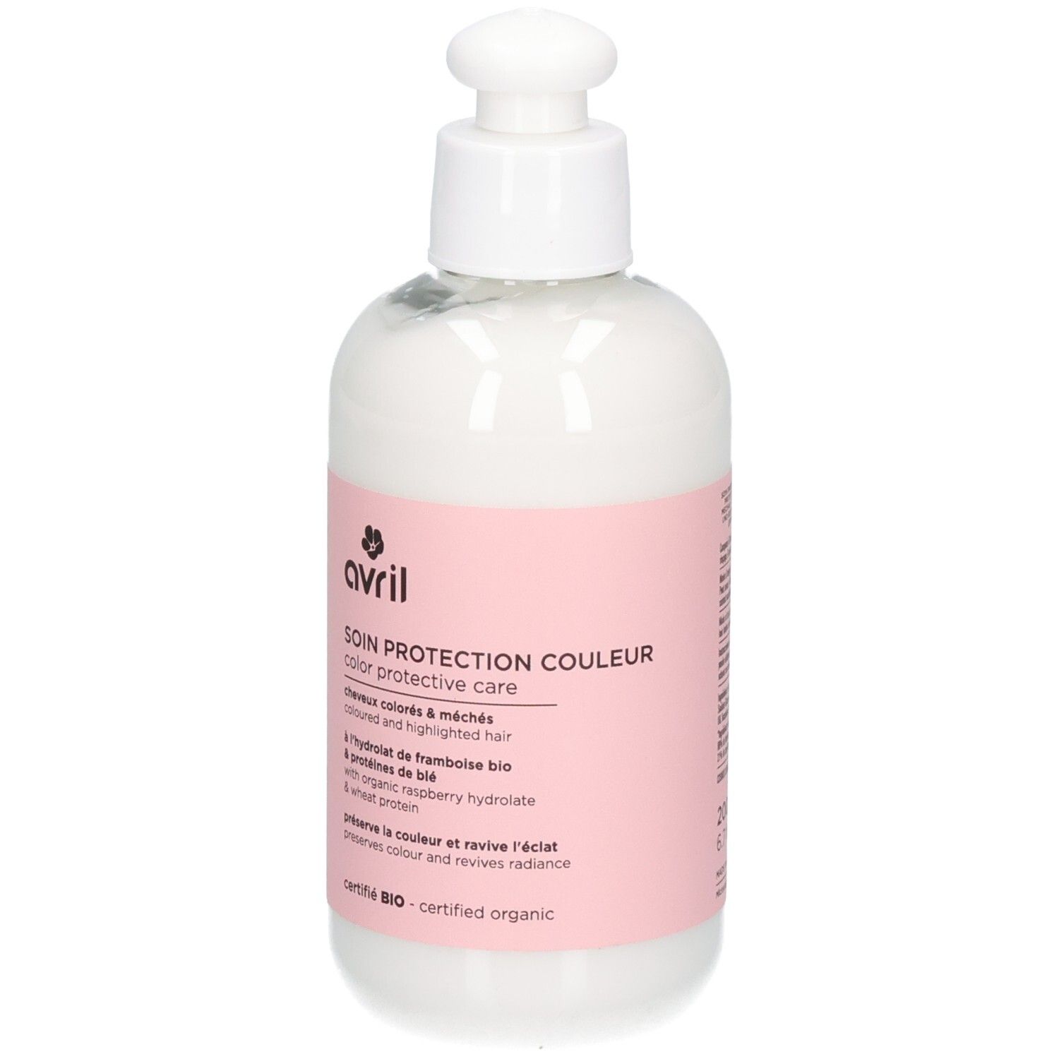 Avril Color Protective Care fles met pompdispenser. Roze etiket met productinformatie.