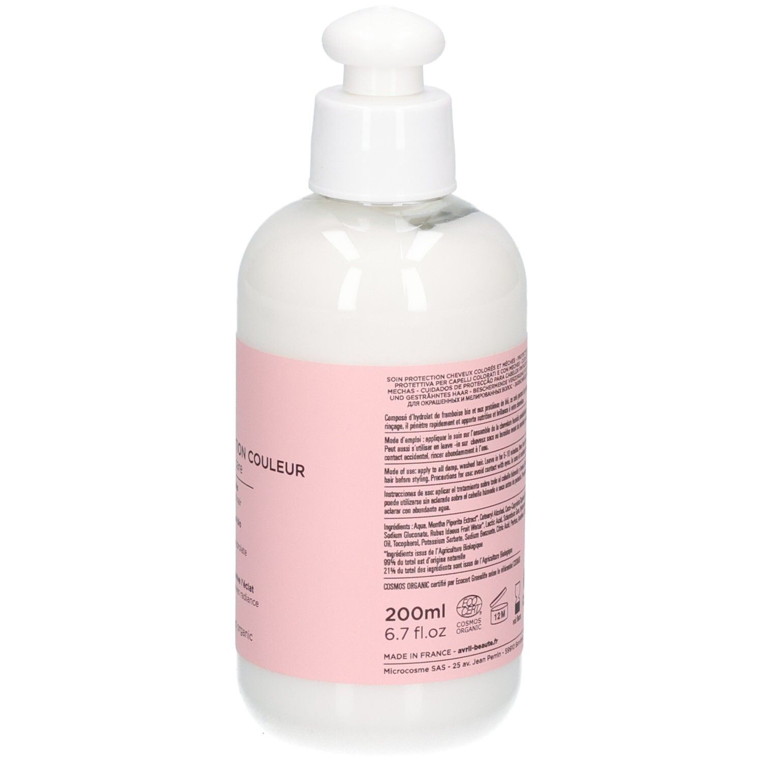 Witte fles met pompdosering en roze etiket. Bevat 200ml.
