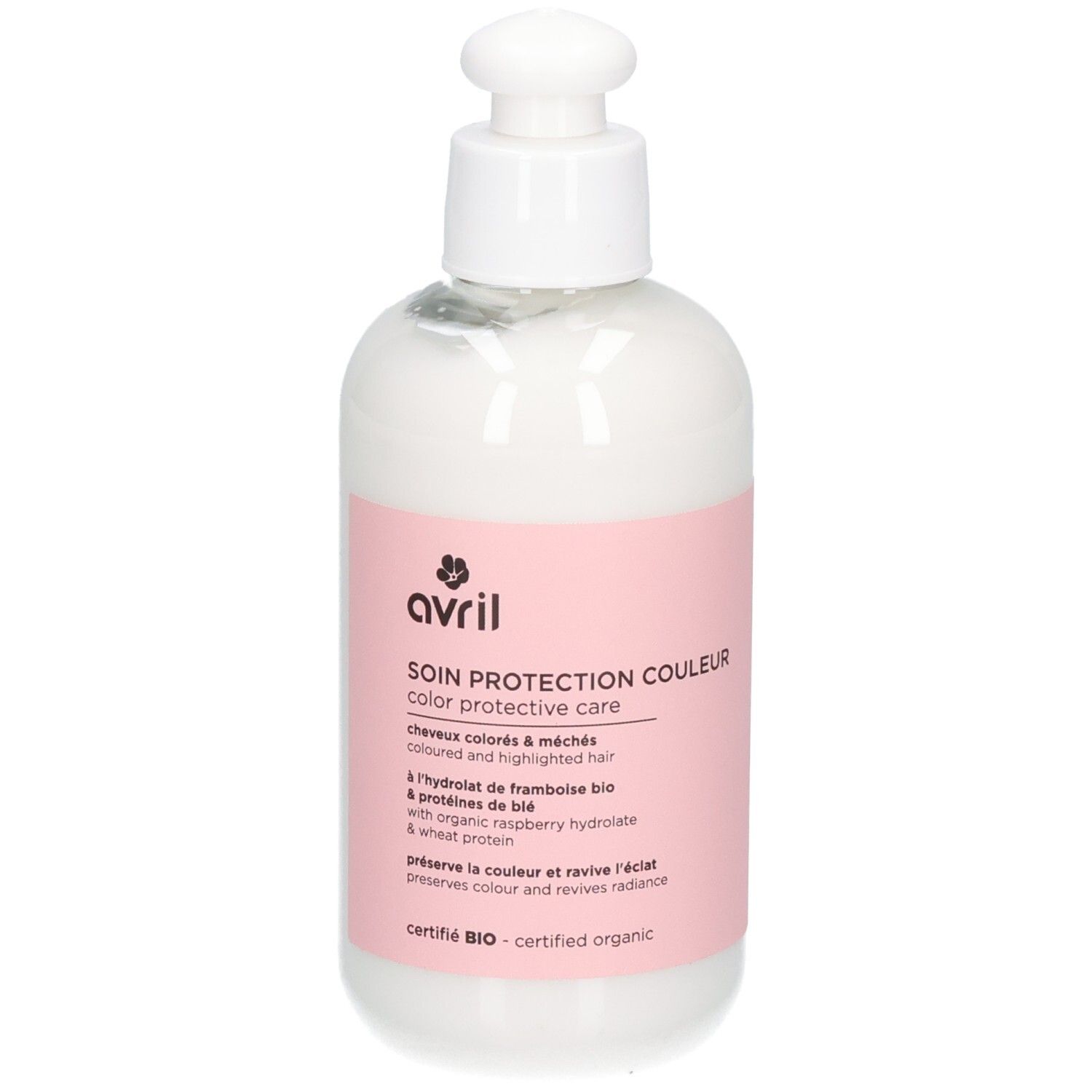 Avril Color Protective Care fles met pompdispenser. Bevat biologisch frambozenhydrolaat en tarweproteïne.