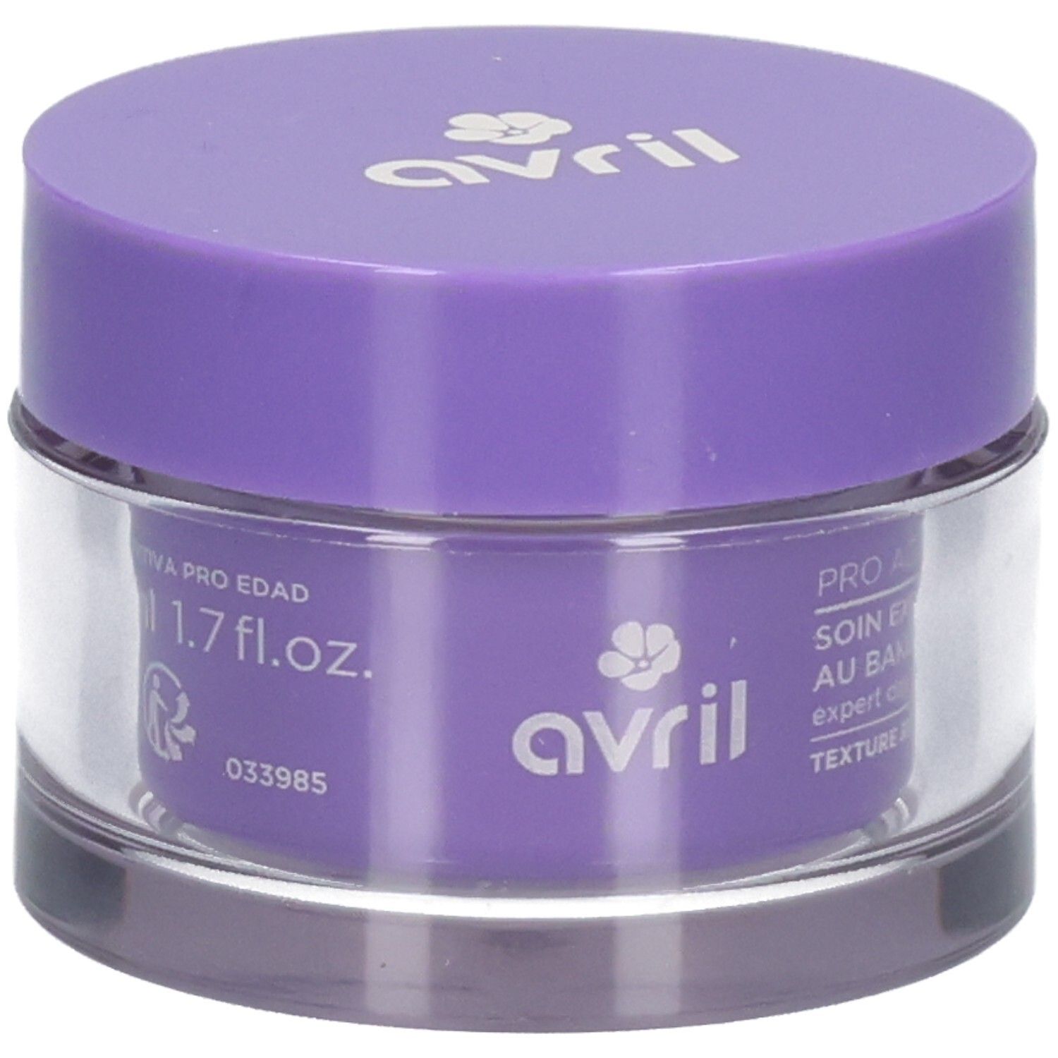 Pot violet avec logo Avril et inscription PRO AGE.